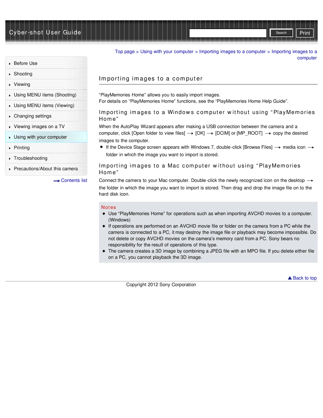 Sony DSC-WX50 manual Importing images to a computer, Home 