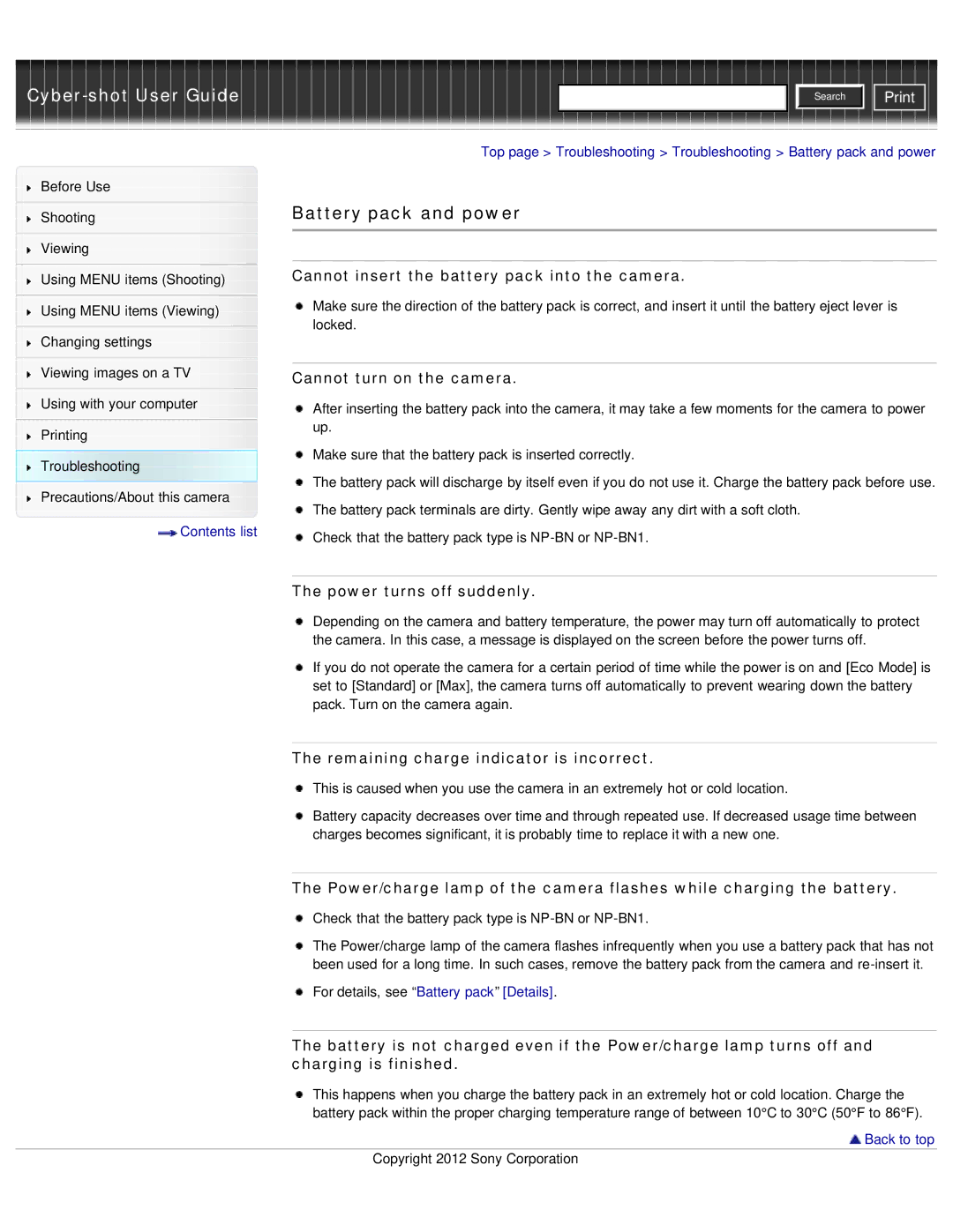 Sony DSC-WX50 manual Battery pack and power, Cannot insert the battery pack into the camera, Cannot turn on the camera 