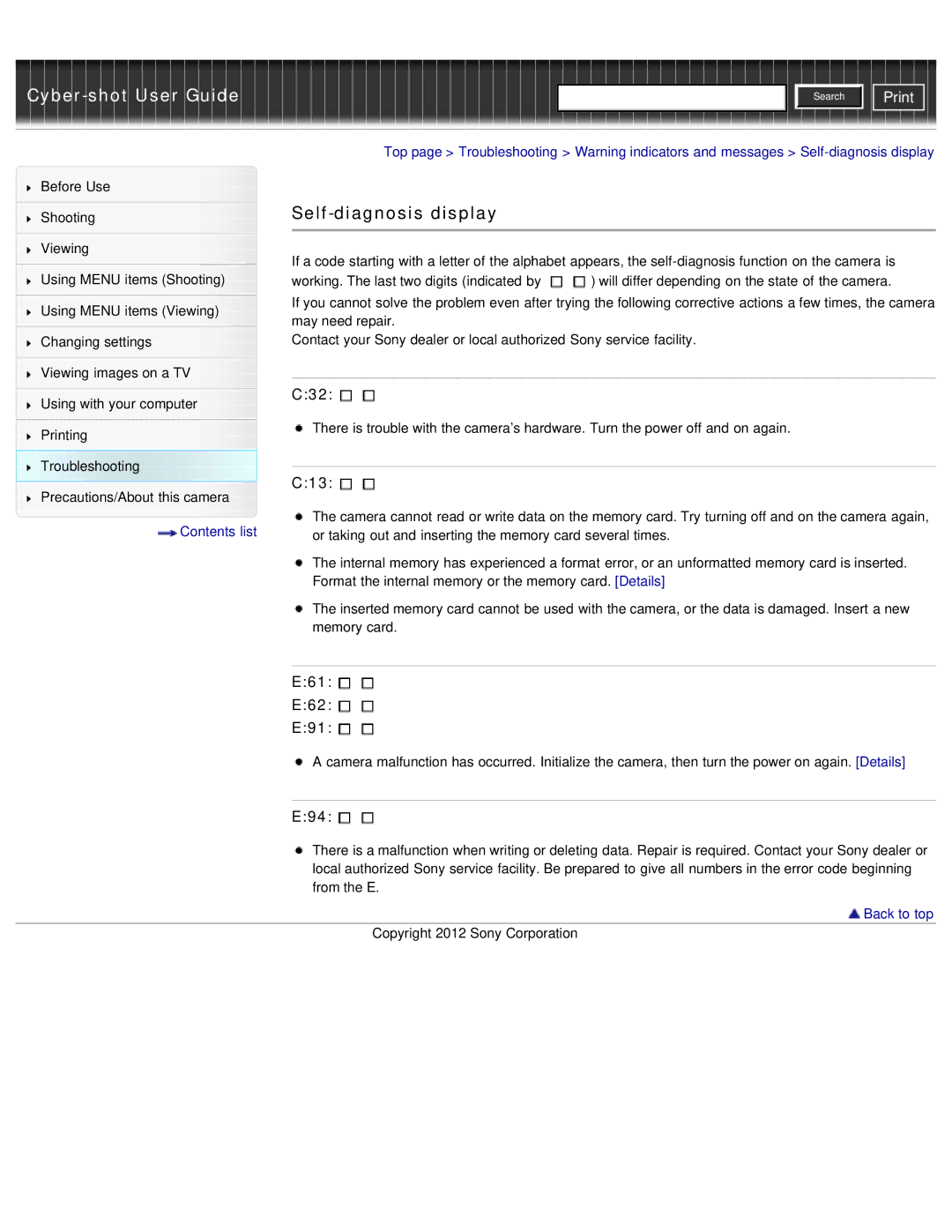 Sony DSC-WX50 manual Self-diagnosis display, C32, C13, E61 E62 E91, E94 