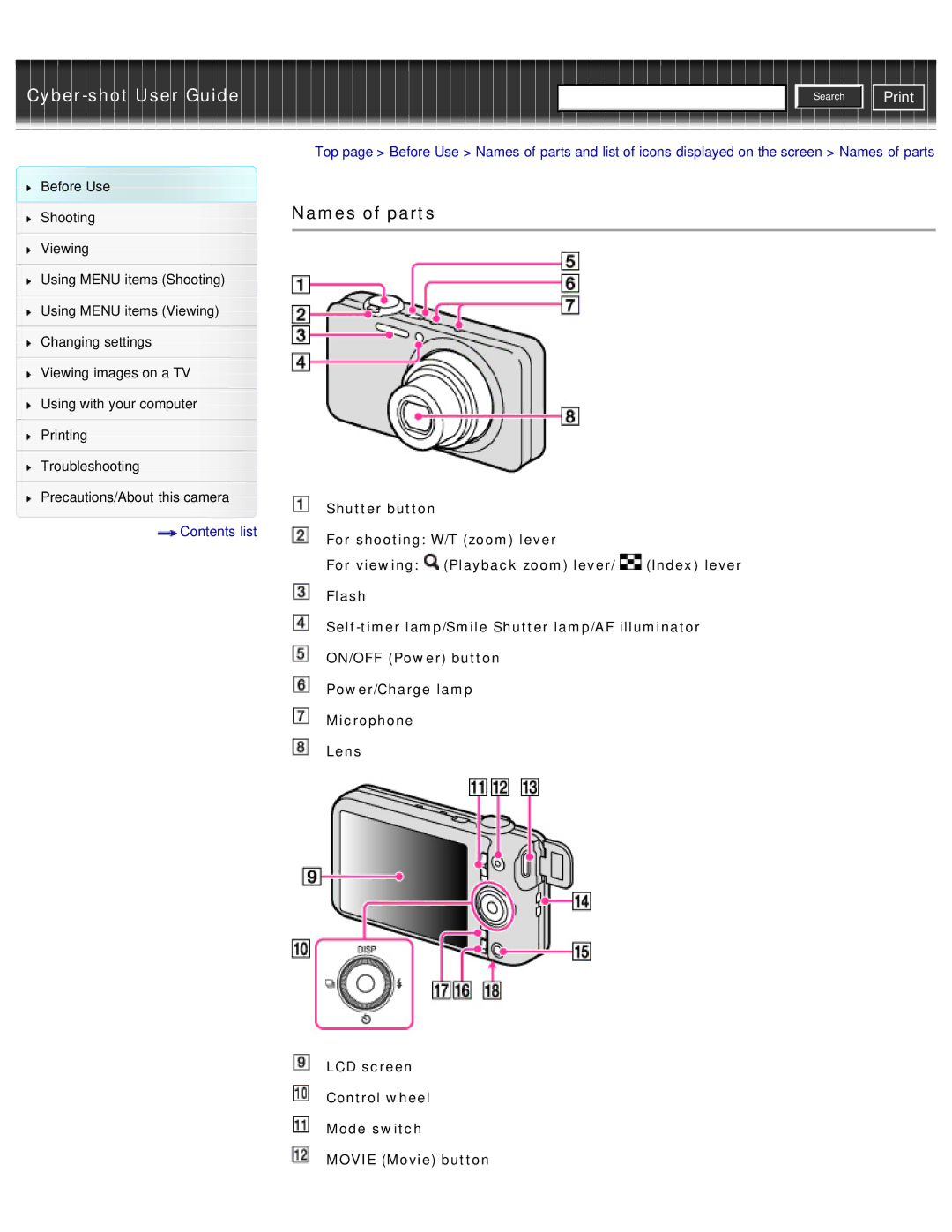 Sony DSC-WX50 manual Names of parts, Contents list 