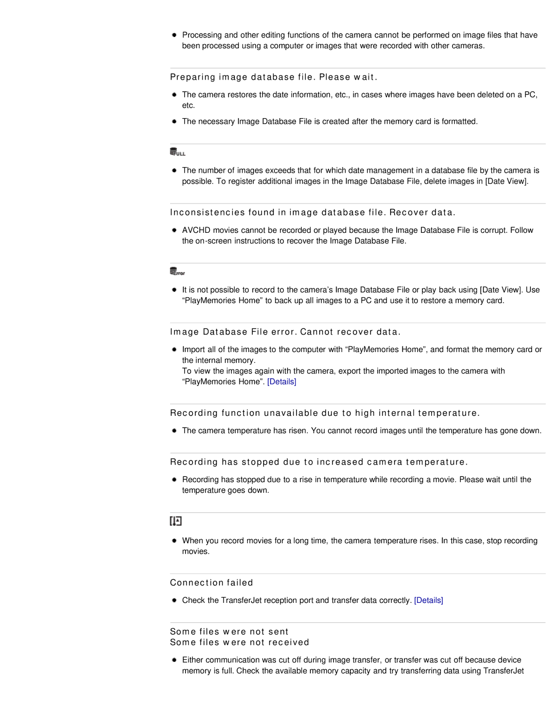 Sony DSC-WX50 manual Preparing image database file. Please wait, Inconsistencies found in image database file. Recover data 