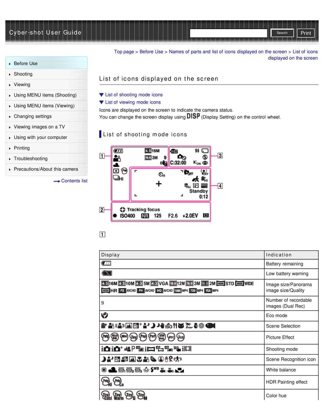 Sony DSC-WX50 manual List of icons displayed on the screen, List of shooting mode icons, Display Indication 