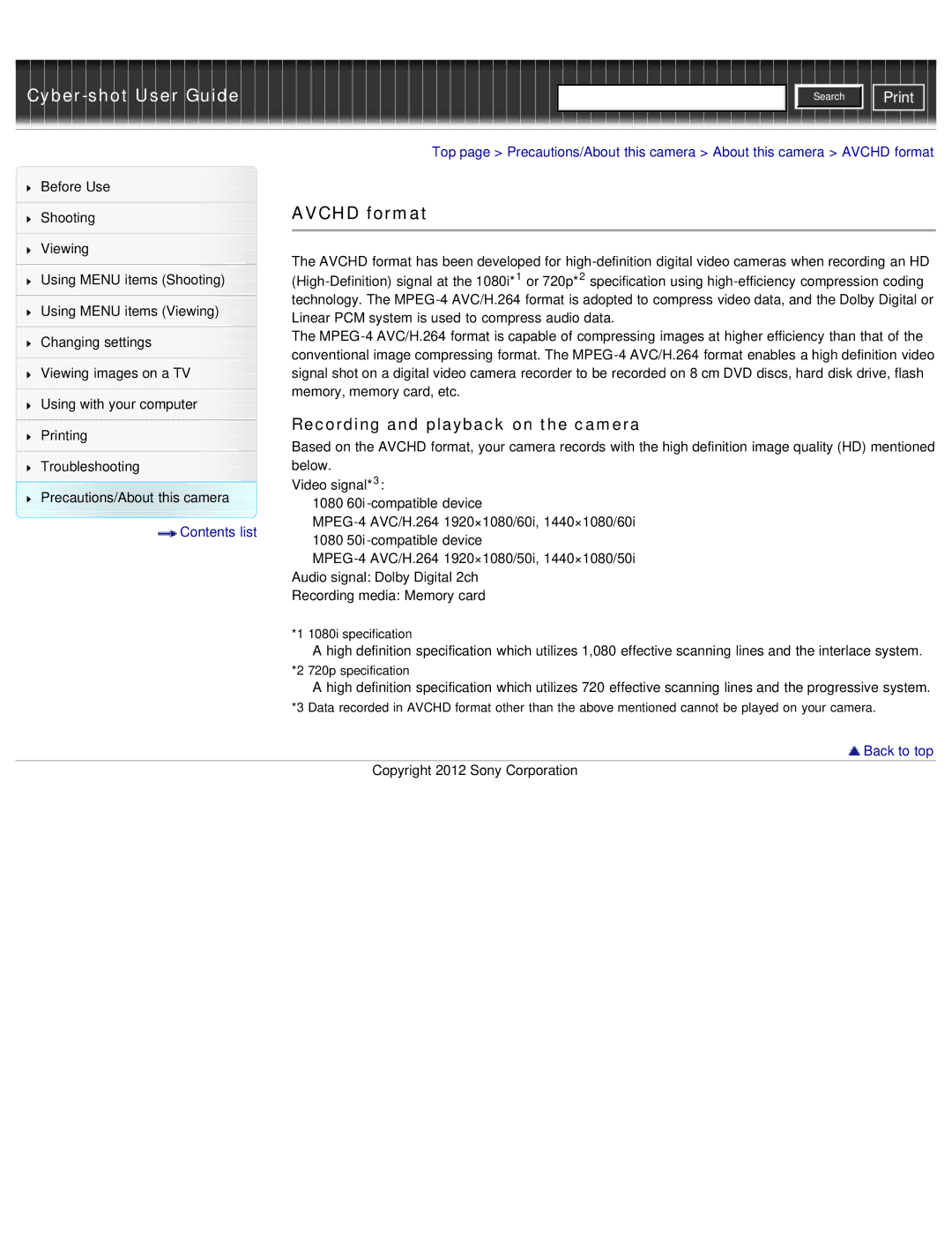 Sony DSC-WX50 manual Avchd format, Recording and playback on the camera 