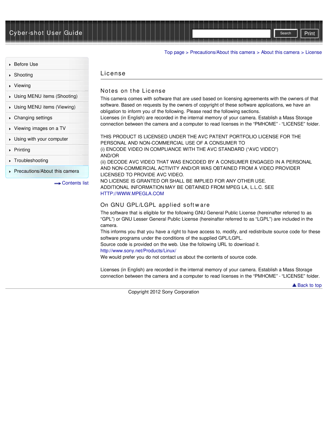 Sony DSC-WX50 manual License, On GNU GPL/LGPL applied software 