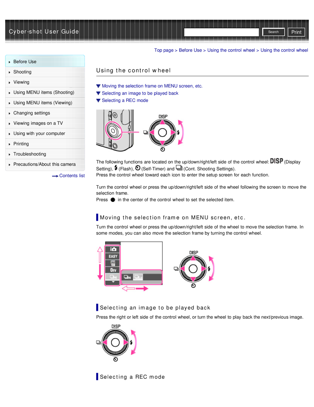 Sony DSC-WX50 manual Using the control wheel, Moving the selection frame on Menu screen, etc, Selecting a REC mode 