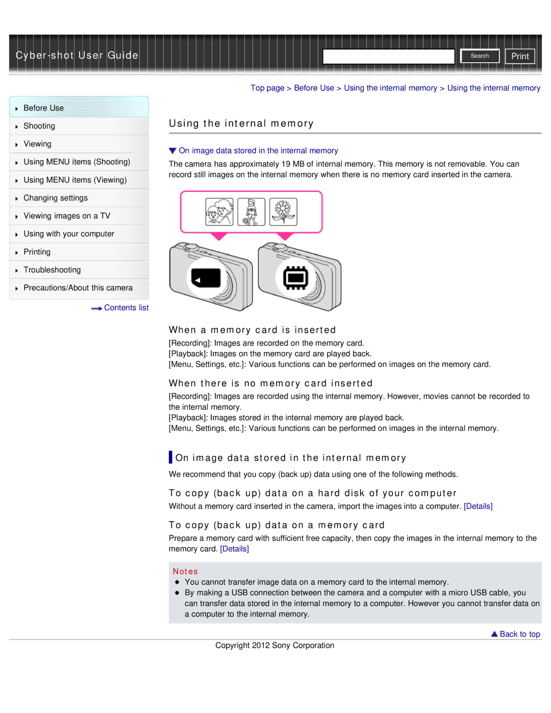 Sony DSC-WX50 manual Using the internal memory 