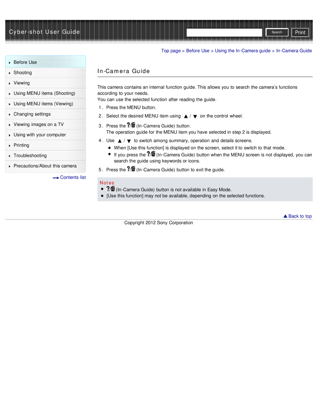 Sony DSC-WX50 manual In-Camera Guide 