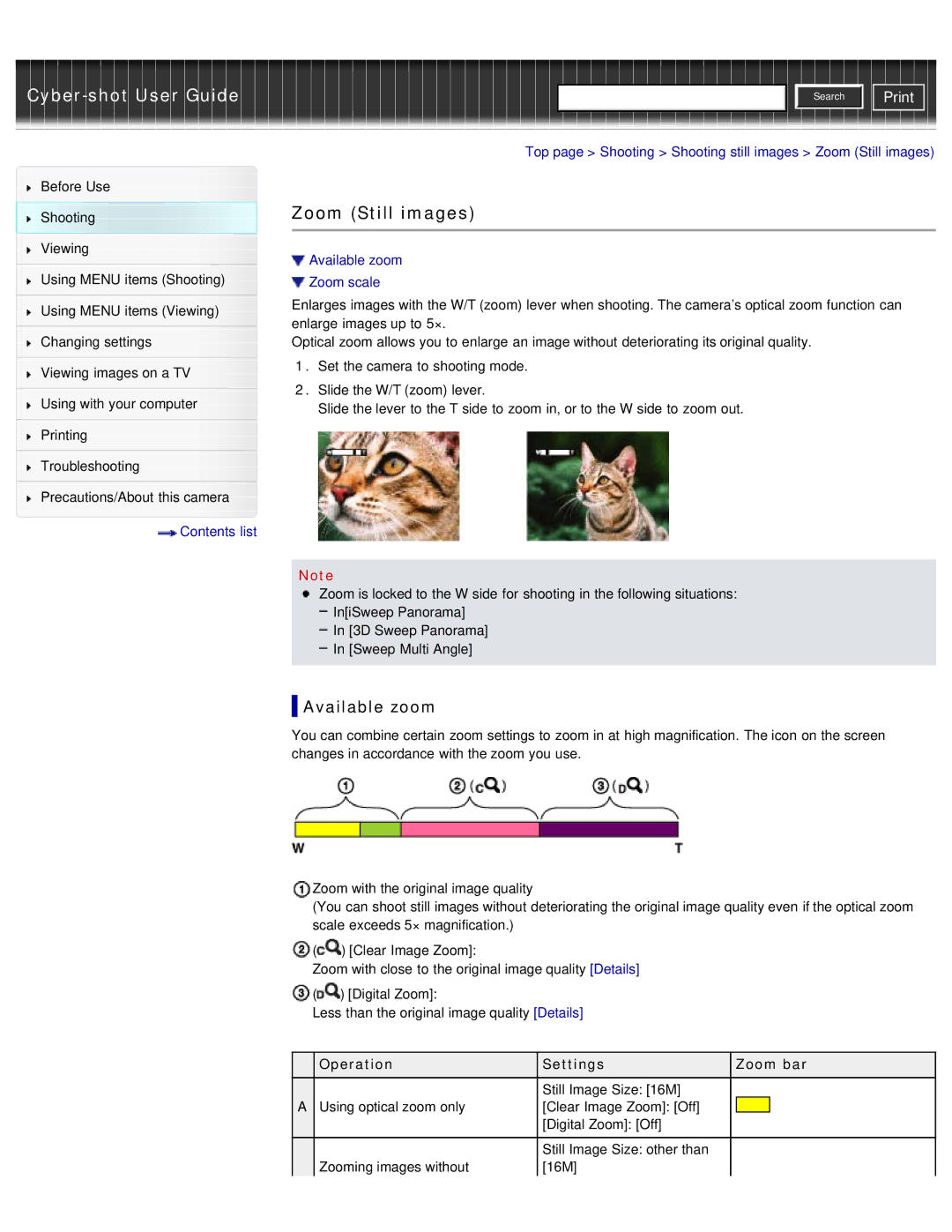 Sony DSC-WX50 manual Top page Shooting Shooting still images Zoom Still images, Available zoom Zoom scale 