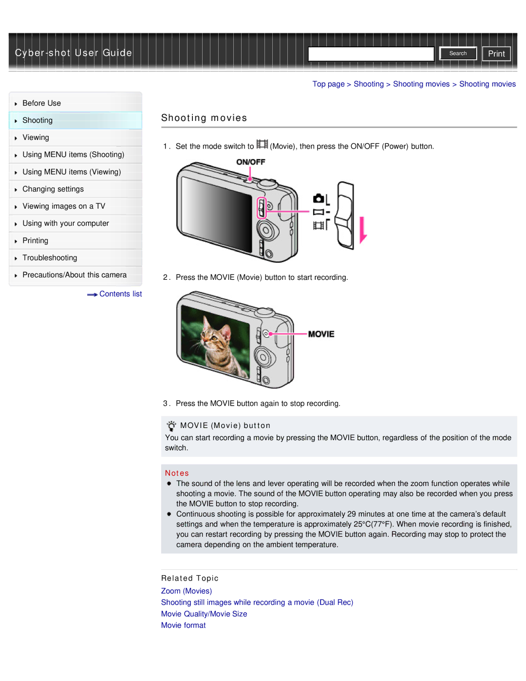 Sony DSC-WX50 manual Top page Shooting Shooting movies Shooting movies 