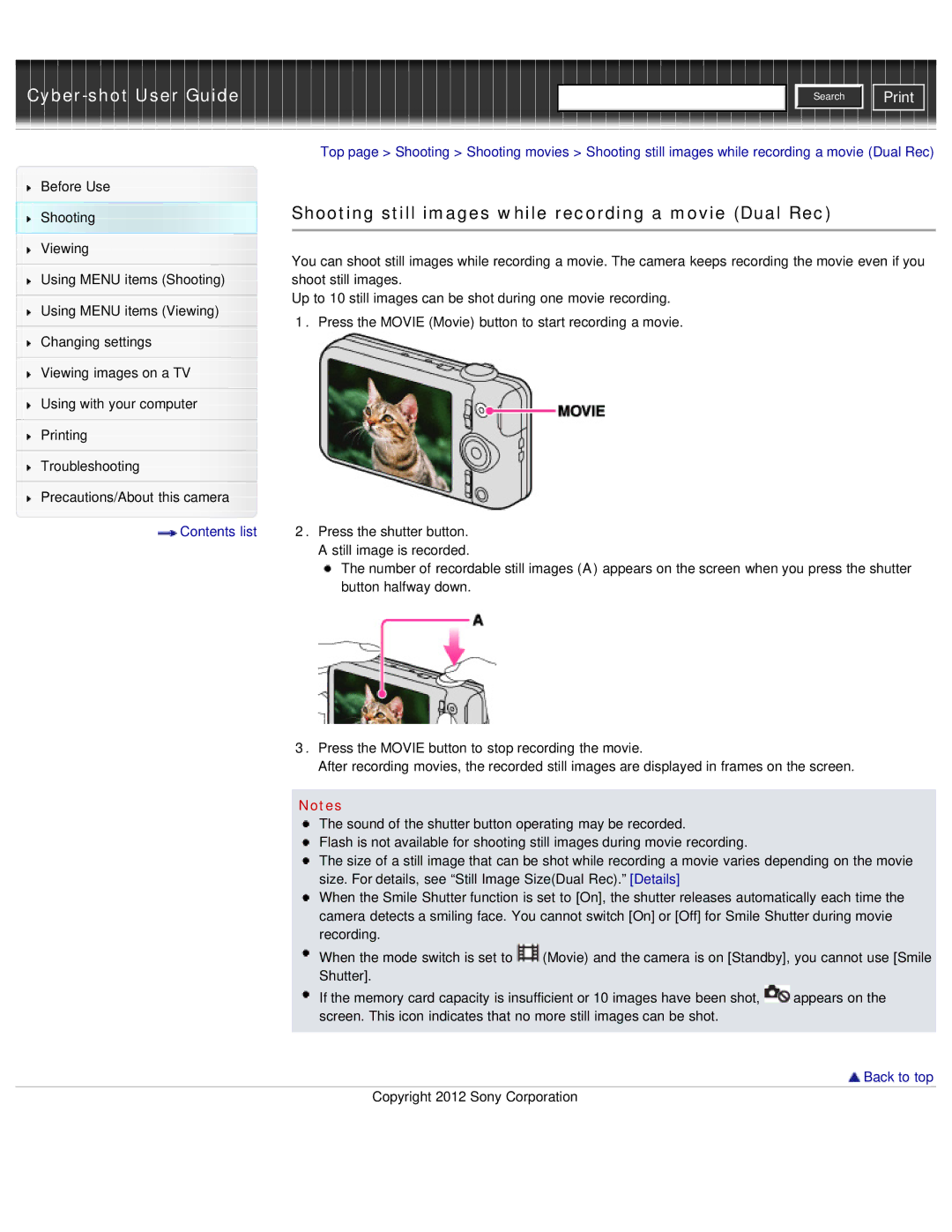 Sony DSC-WX50 manual Shooting still images while recording a movie Dual Rec, Back to top 