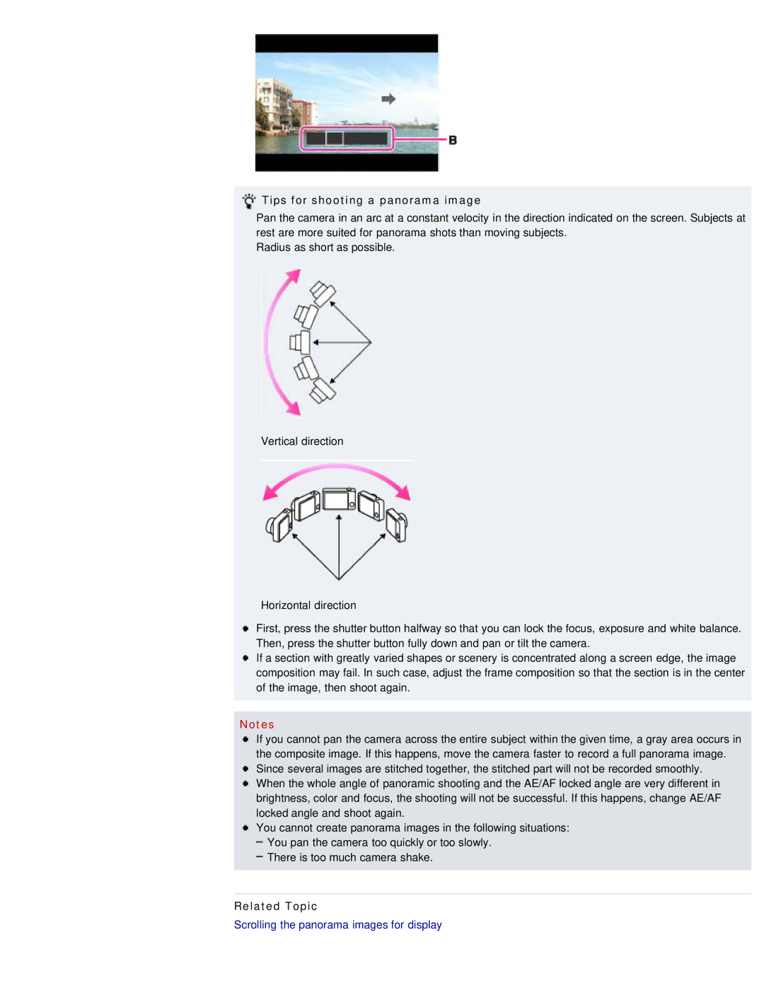 Sony DSC-WX50 manual Tips for shooting a panorama image, Scrolling the panorama images for display 