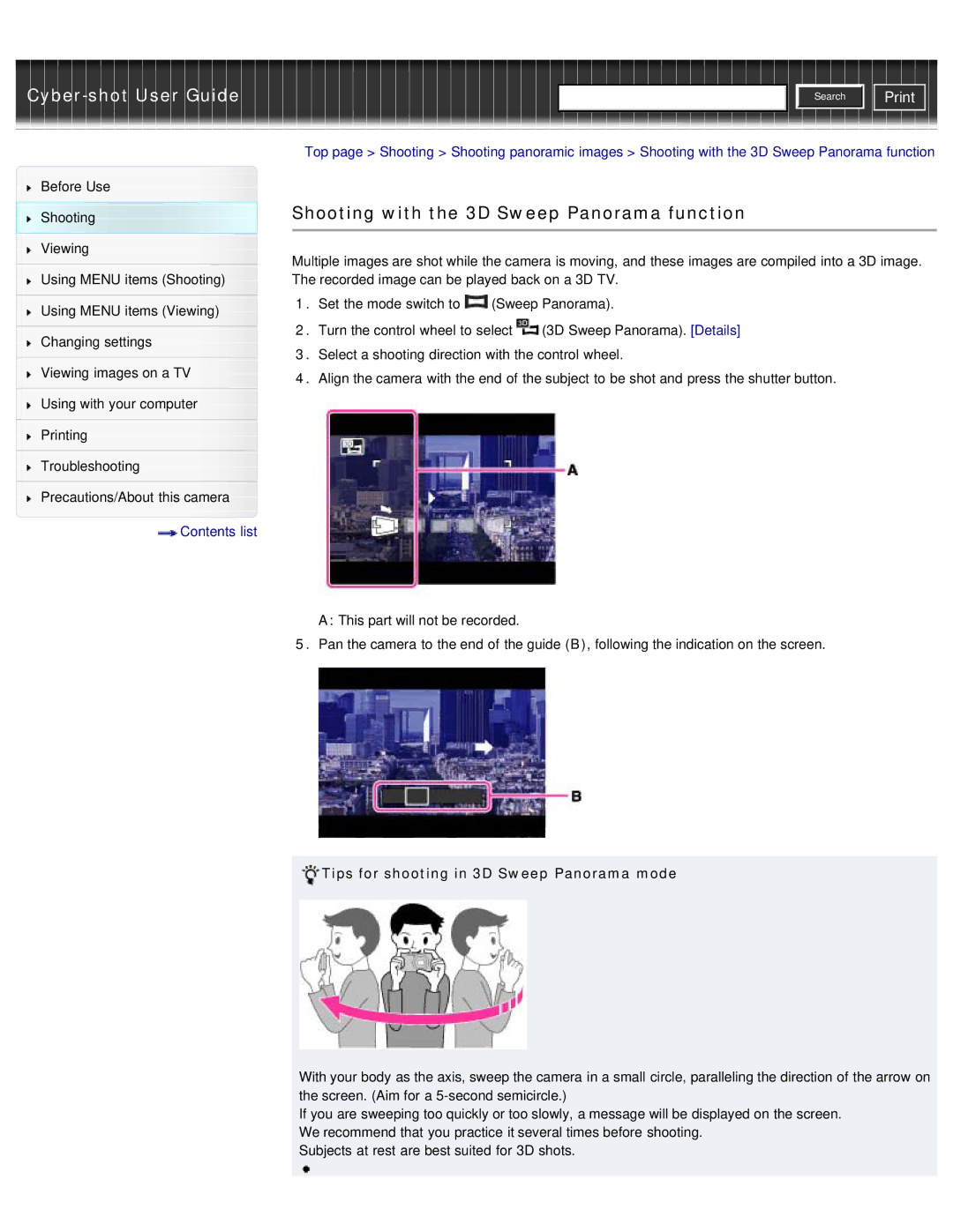 Sony DSC-WX50 manual Shooting with the 3D Sweep Panorama function, Tips for shooting in 3D Sweep Panorama mode 