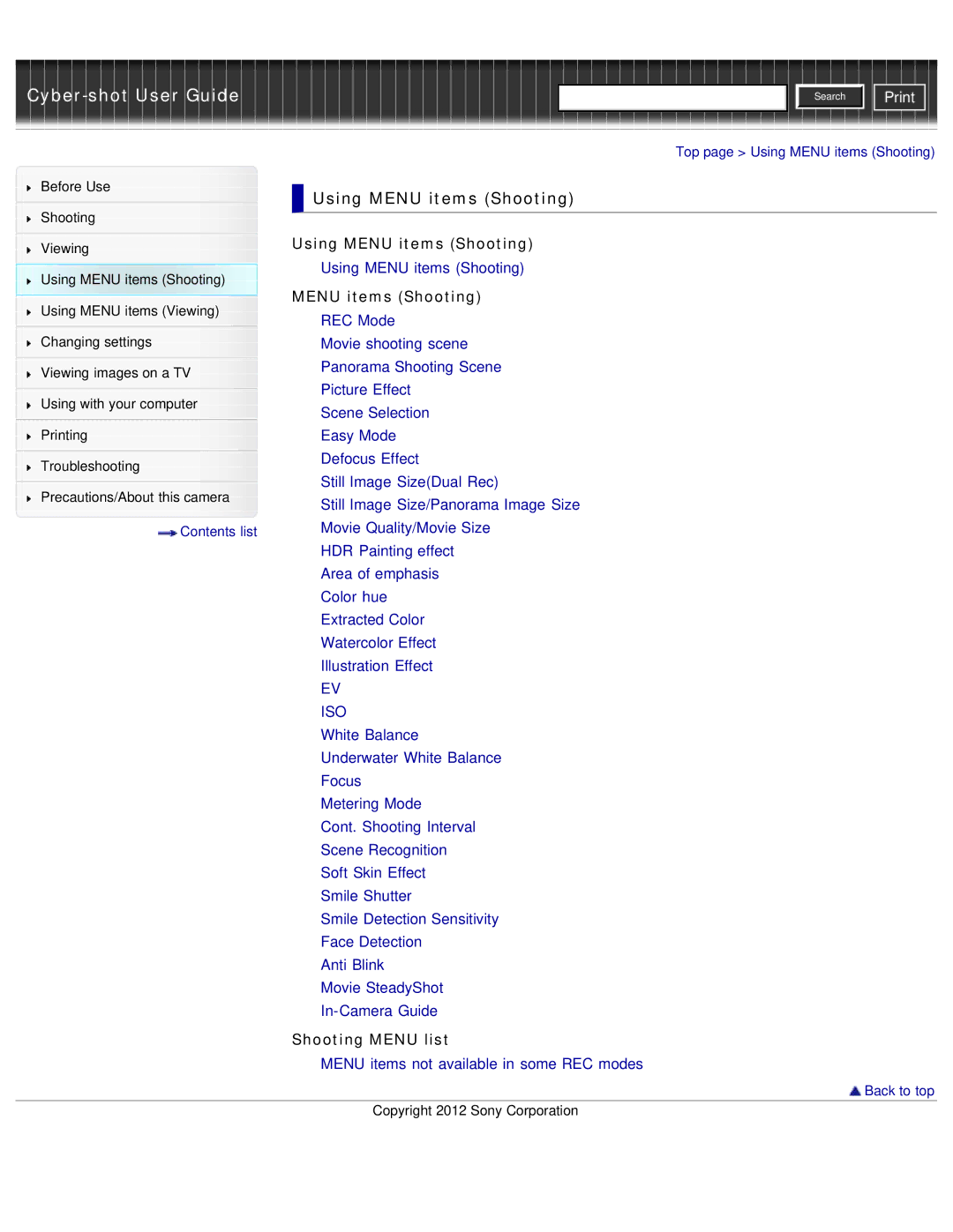 Sony DSC-WX50 manual Shooting Menu list, Contents list Top page Using Menu items Shooting 