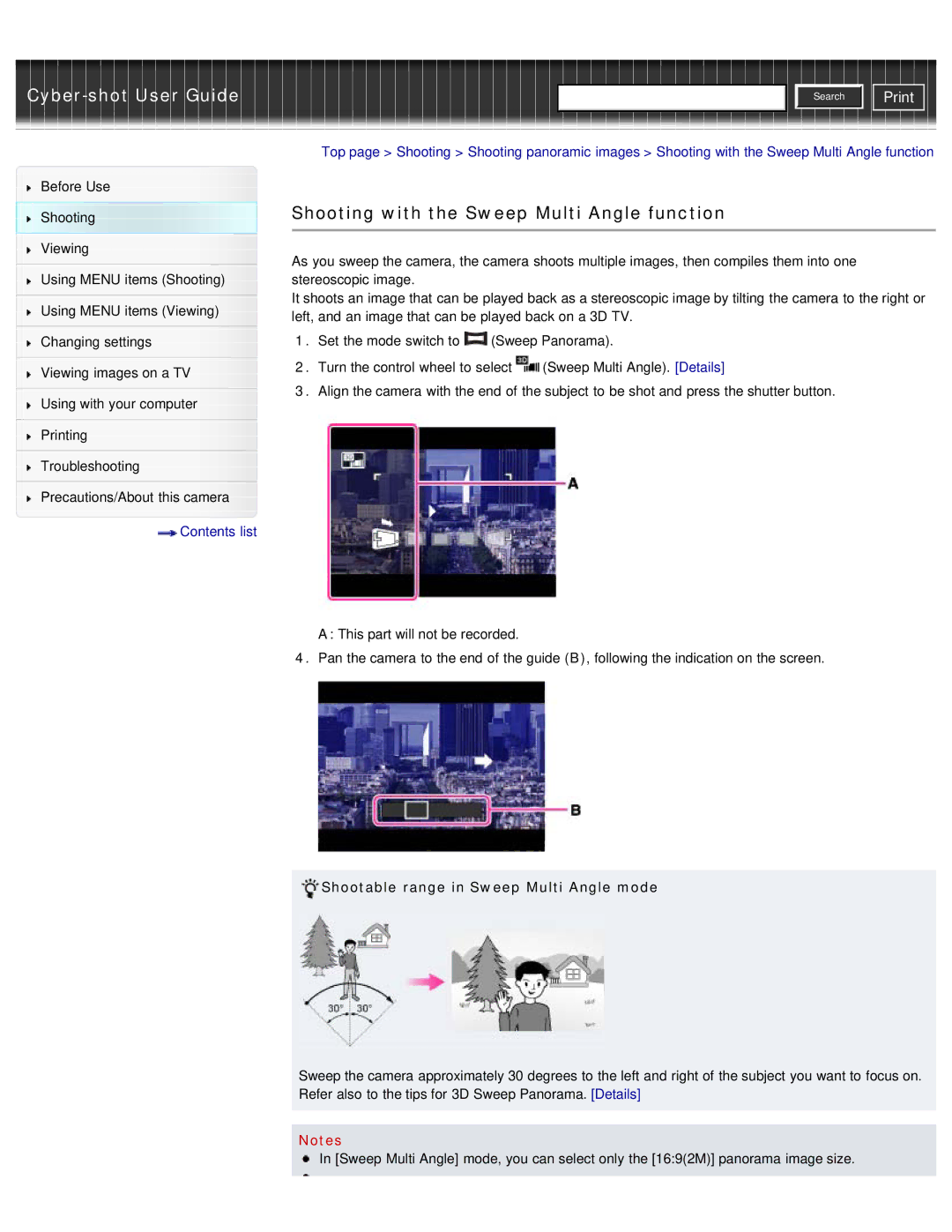 Sony DSC-WX50 manual Shooting with the Sweep Multi Angle function, Shootable range in Sweep Multi Angle mode 