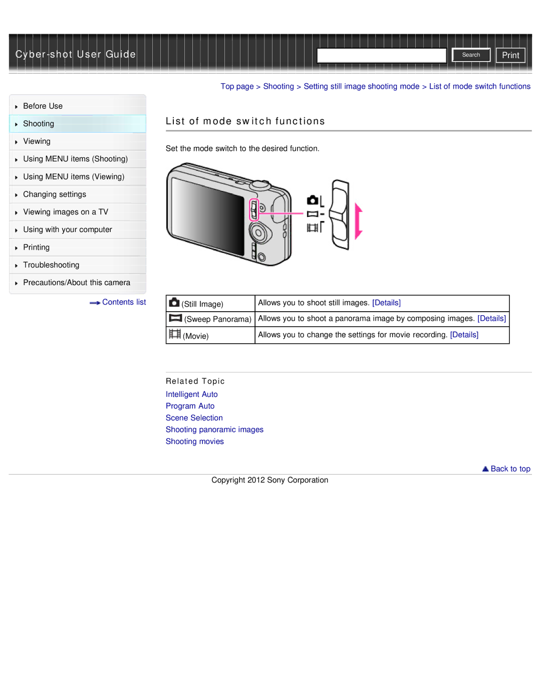 Sony DSC-WX50 manual List of mode switch functions 