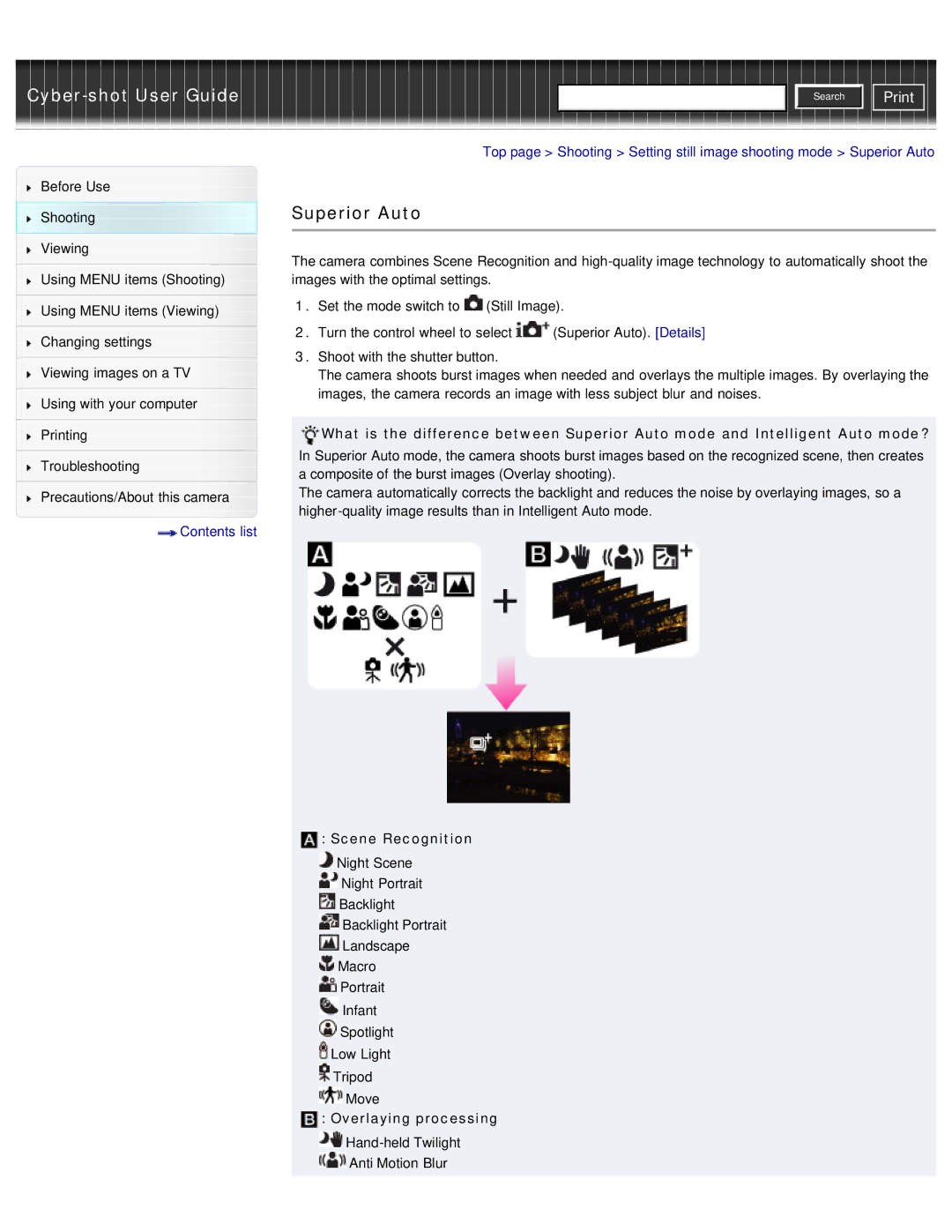 Sony DSC-WX50 manual Superior Auto, Scene Recognition, Overlaying processing 