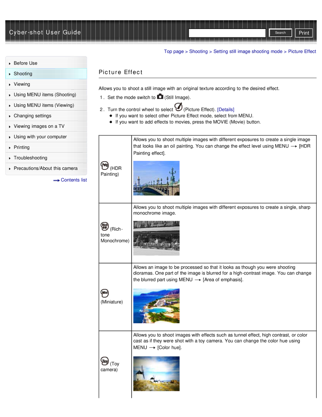 Sony DSC-WX50 manual Picture Effect, Blurred part using Menu Area of emphasis Miniature 