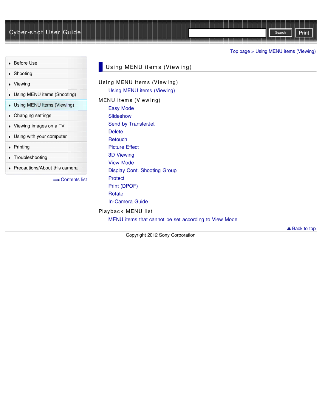 Sony DSC-WX50 manual Playback Menu list, Contents list Top page Using Menu items Viewing 