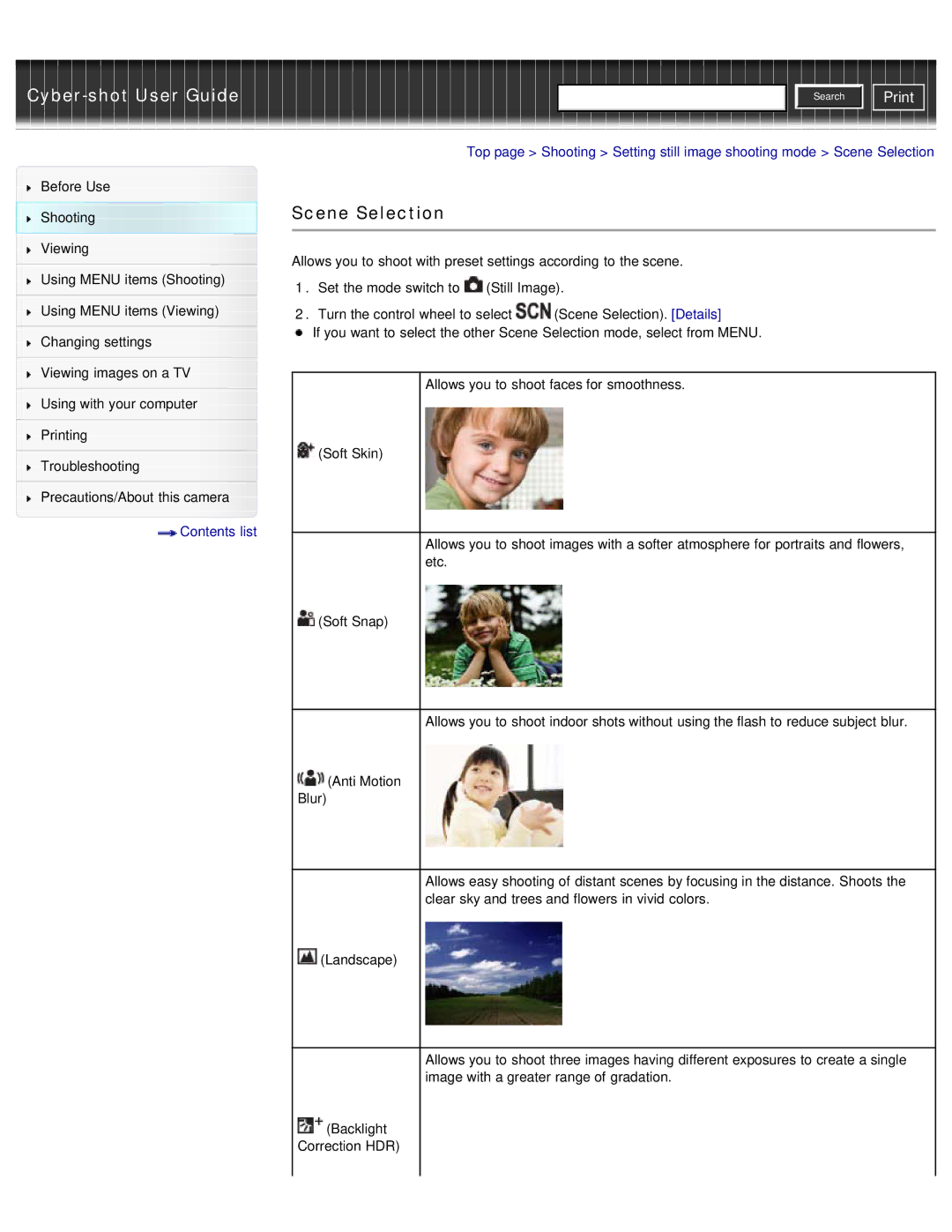 Sony DSC-WX50 manual Scene Selection, Contents list 