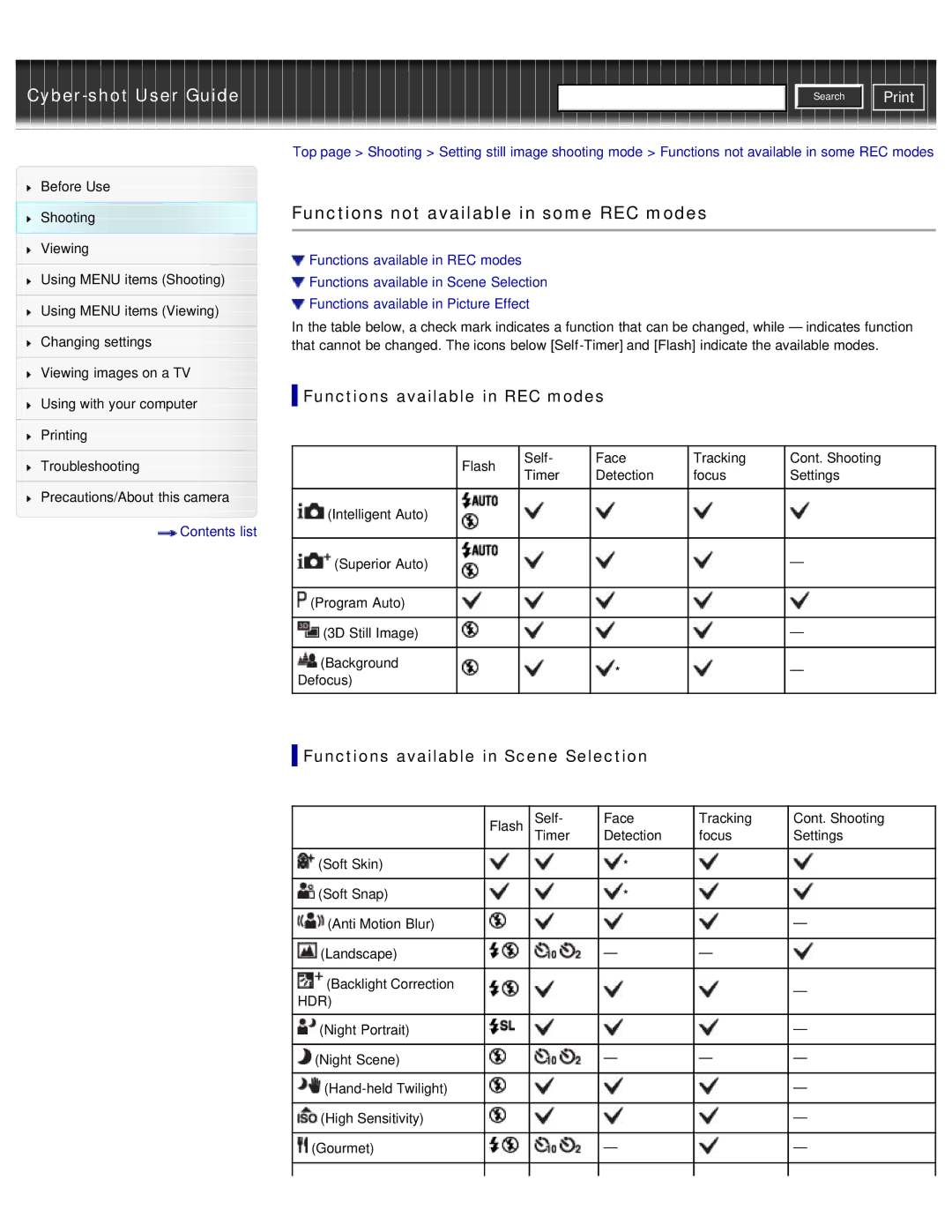 Sony DSC-WX50 manual Functions not available in some REC modes, Functions available in REC modes 