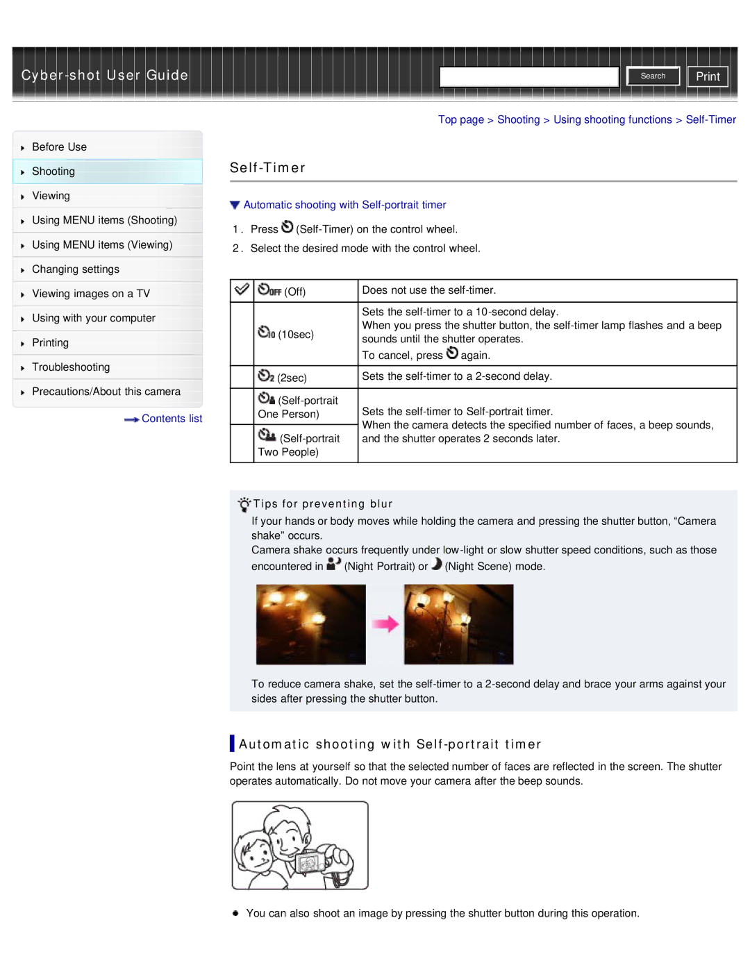 Sony DSC-WX50 manual Self-Timer, Automatic shooting with Self-portrait timer, Tips for preventing blur 