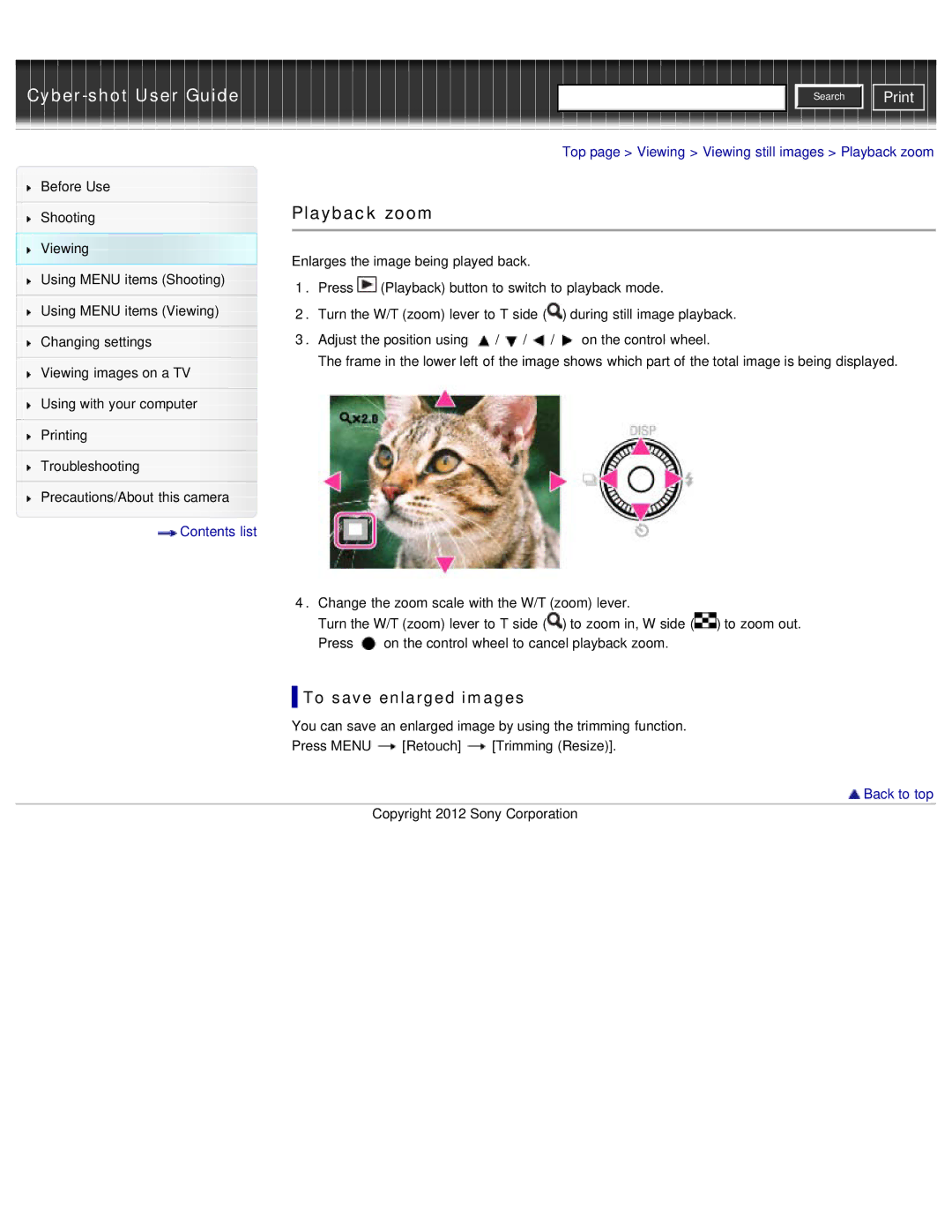 Sony DSC-WX50 manual To save enlarged images, Top page Viewing Viewing still images Playback zoom 