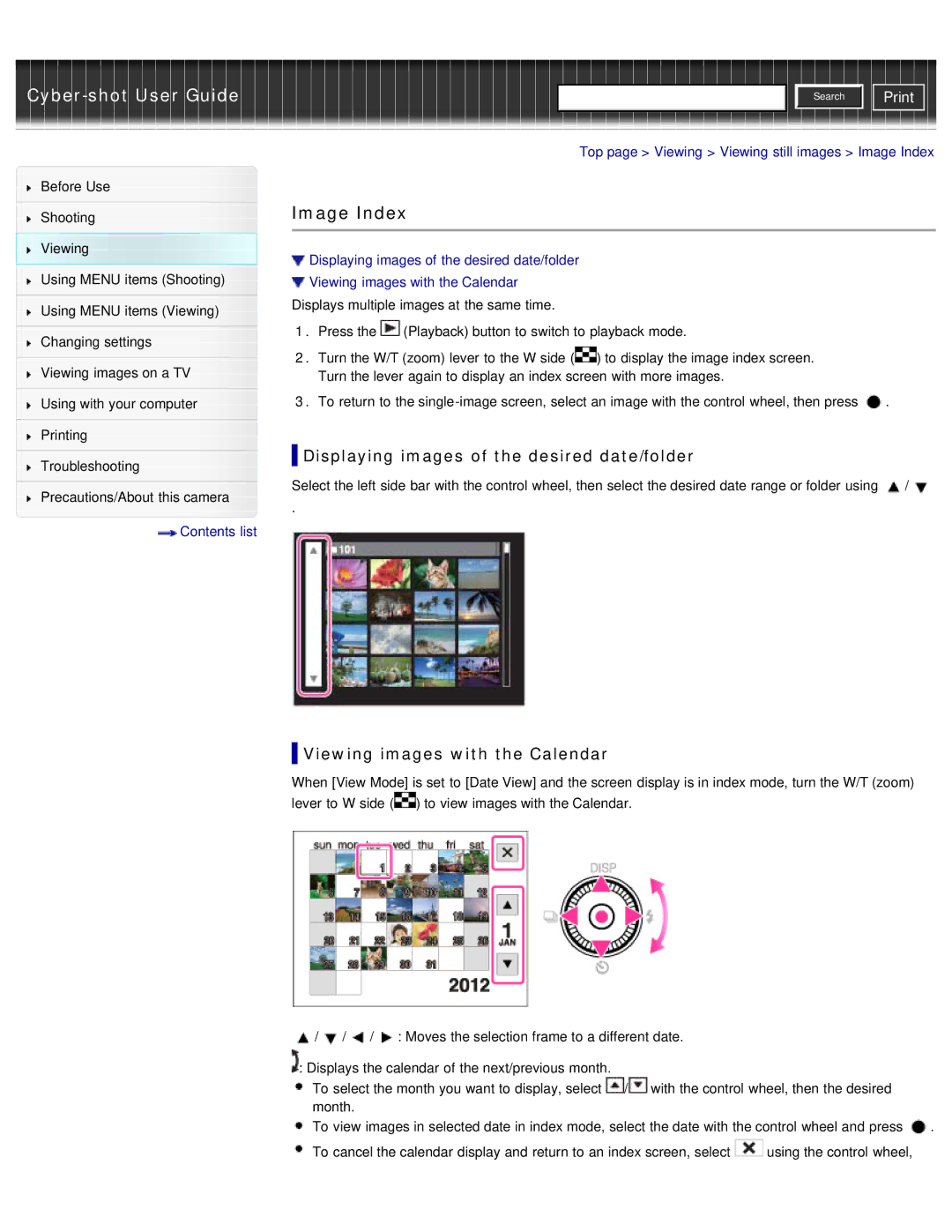 Sony DSC-WX50 manual Image Index, Displaying images of the desired date/folder, Viewing images with the Calendar 