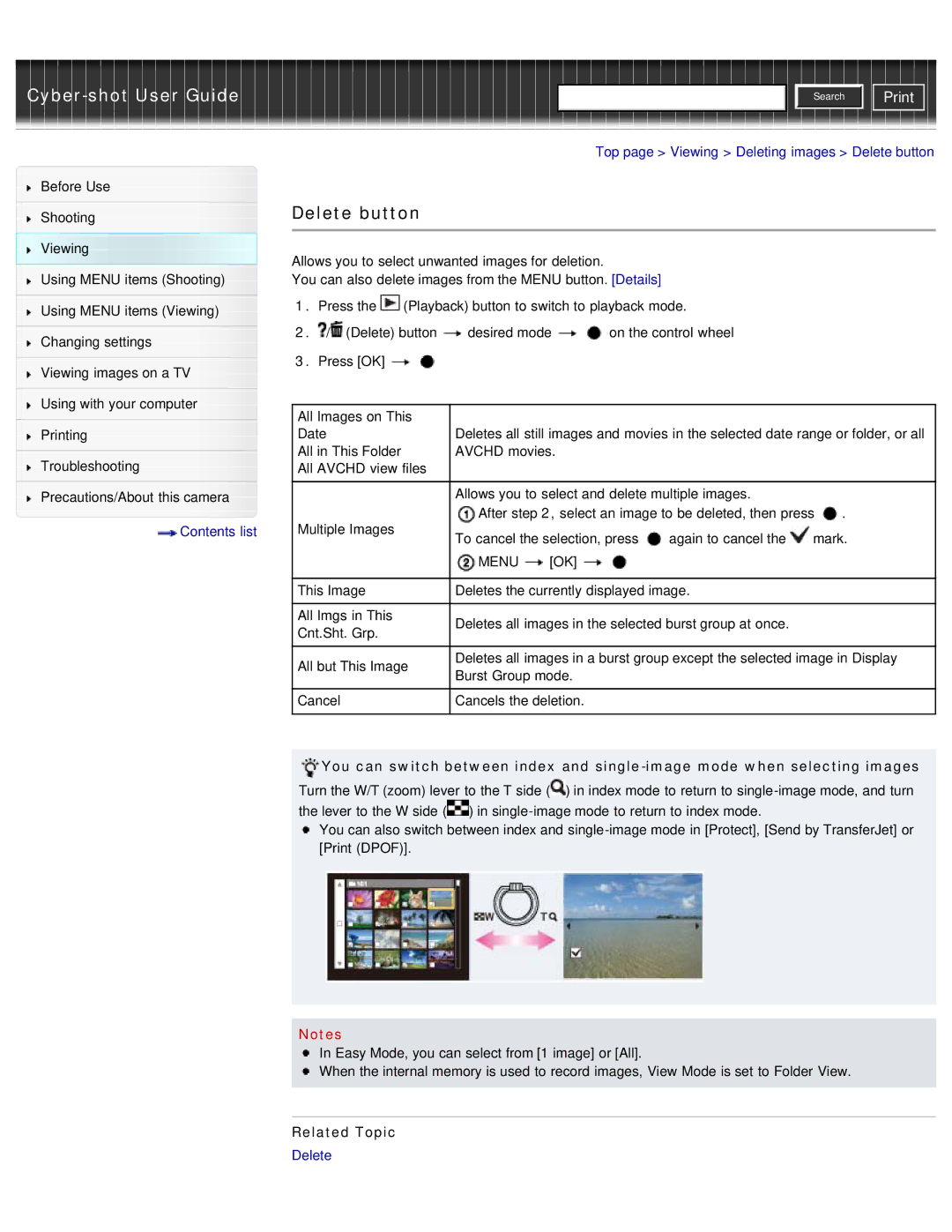 Sony DSC-WX50 manual Top page Viewing Deleting images Delete button 