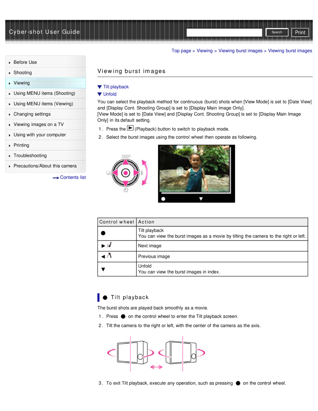 Sony DSC-WX50 manual Top page Viewing Viewing burst images Viewing burst images, Tilt playback Unfold 