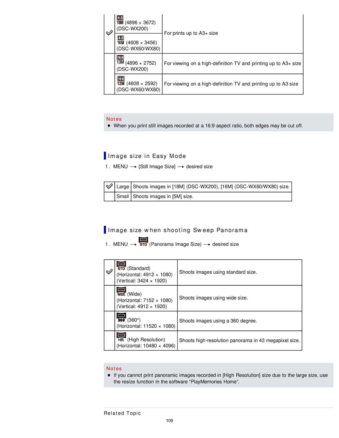 Sony DXC-WX80/B, DSC-WX80/R, DSC-WX80/B, DSCWX80/R manual Image size in Easy Mode, Image size when shooting Sweep Panorama 