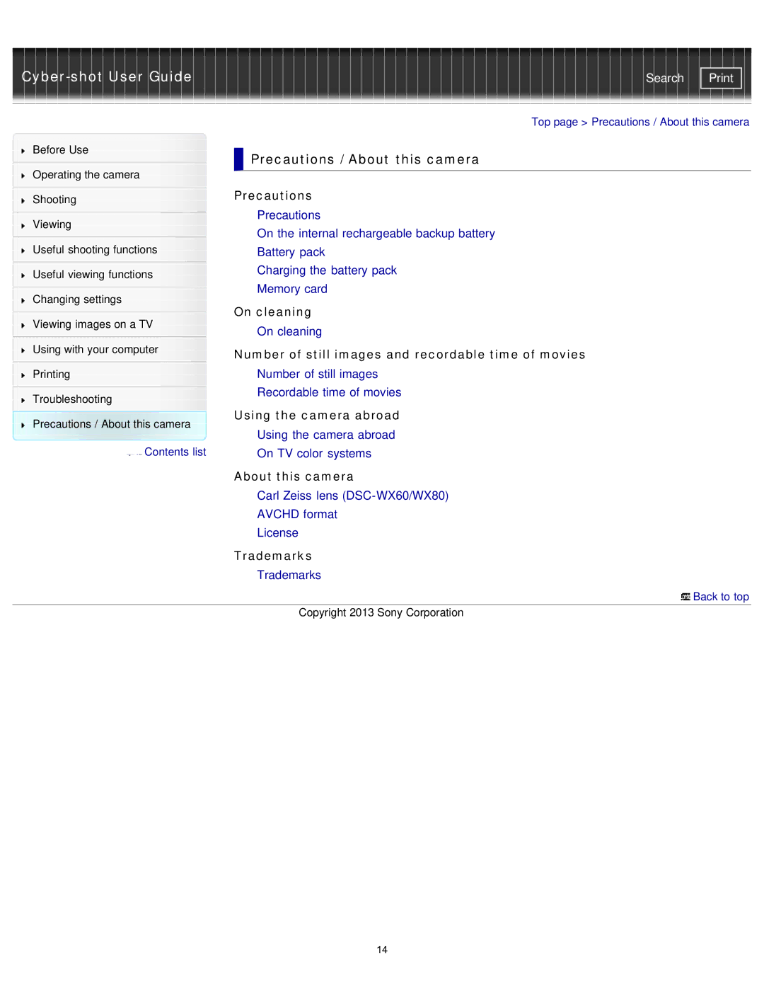 Sony DSC-WX80/R, DSC-WX80/B, DSCWX80/R, DXC-WX80/B, DSCWX80/B, DSCWX80/W manual Precautions / About this camera 