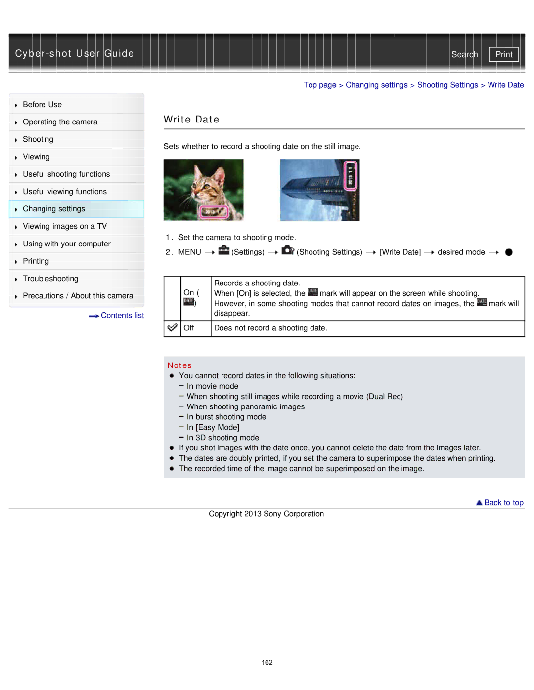 Sony DSC-WX80/B, DSC-WX80/R, DSCWX80/R, DXC-WX80/B, DSCWX80/B Top page Changing settings Shooting Settings Write Date 