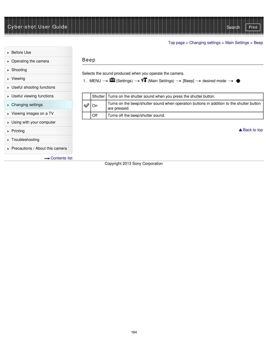 Sony DSCWX80/R, DSC-WX80/R, DSC-WX80/B, DXC-WX80/B, DSCWX80/B, DSCWX80/W Top page Changing settings Main Settings Beep 