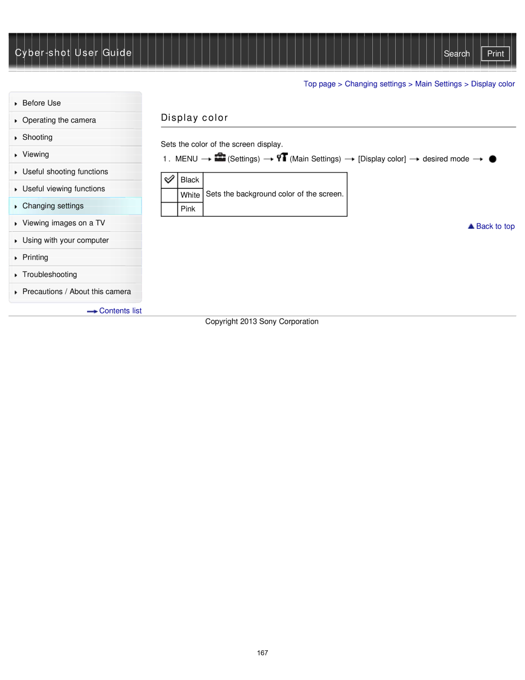 Sony DSCWX80/W, DSC-WX80/R, DSC-WX80/B, DSCWX80/R, DXC-WX80/B manual Top page Changing settings Main Settings Display color 