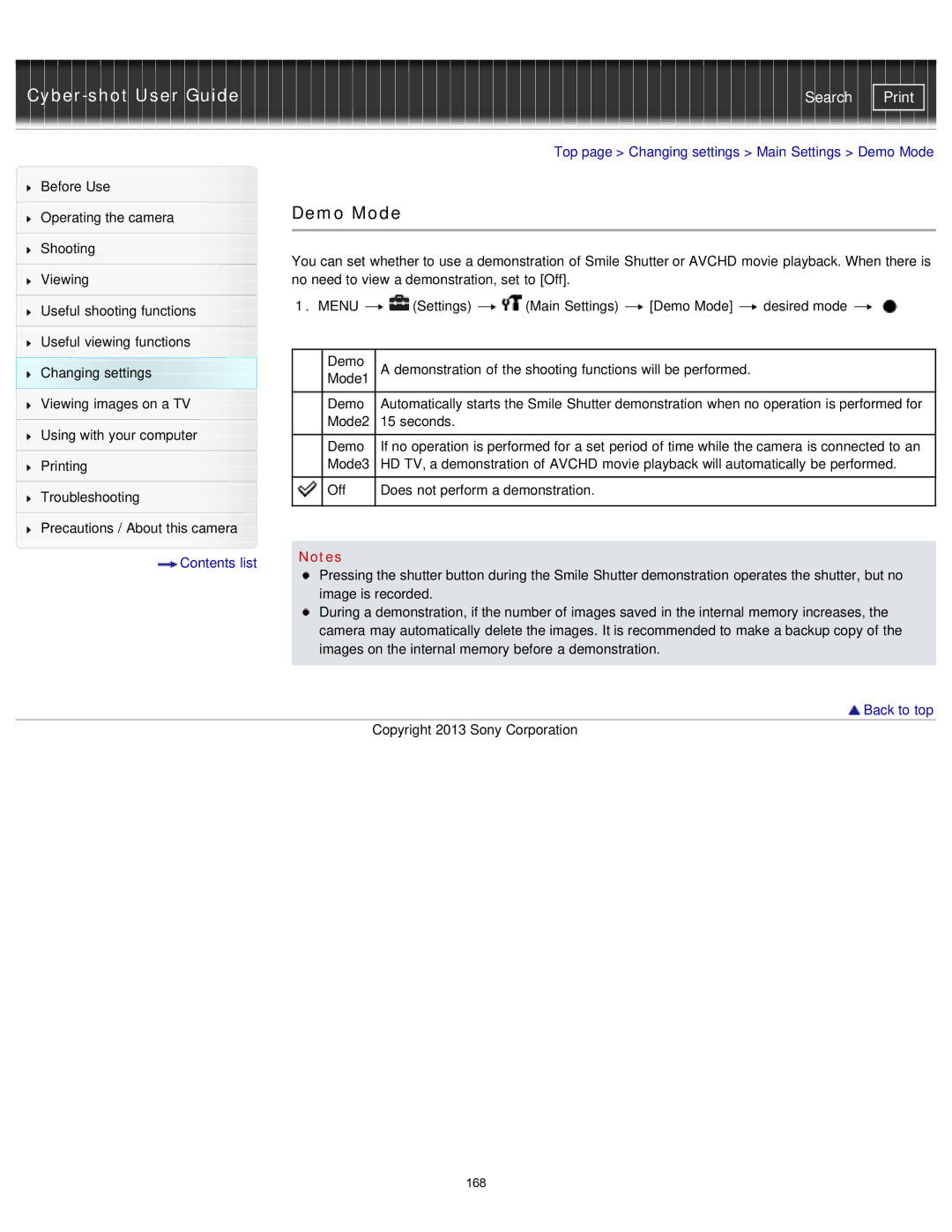 Sony DSC-WX80/R, DSC-WX80/B, DSCWX80/R, DXC-WX80/B, DSCWX80/B manual Top page Changing settings Main Settings Demo Mode 