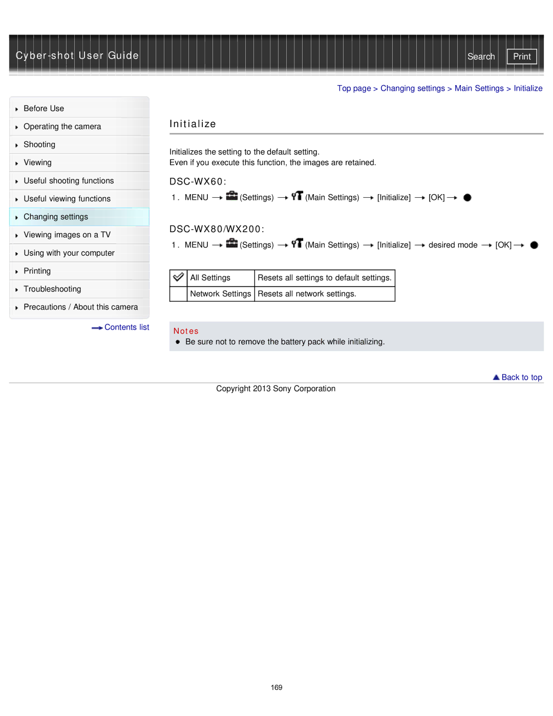 Sony DSC-WX80/B, DSC-WX80/R, DSCWX80/R, DXC-WX80/B, DSCWX80/B, DSCWX80/W manual Initialize, DSC-WX80/WX200 