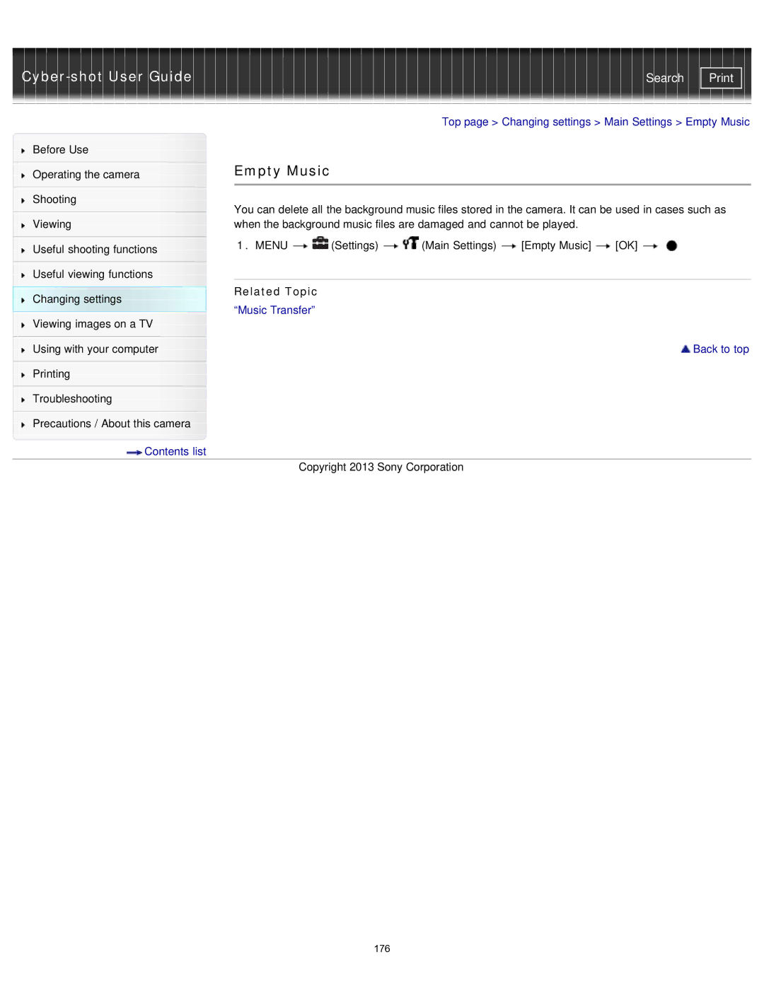 Sony DSC-WX80/B, DSC-WX80/R, DSCWX80/R, DXC-WX80/B, DSCWX80/B, DSCWX80/W manual Empty Music, Related Topic 