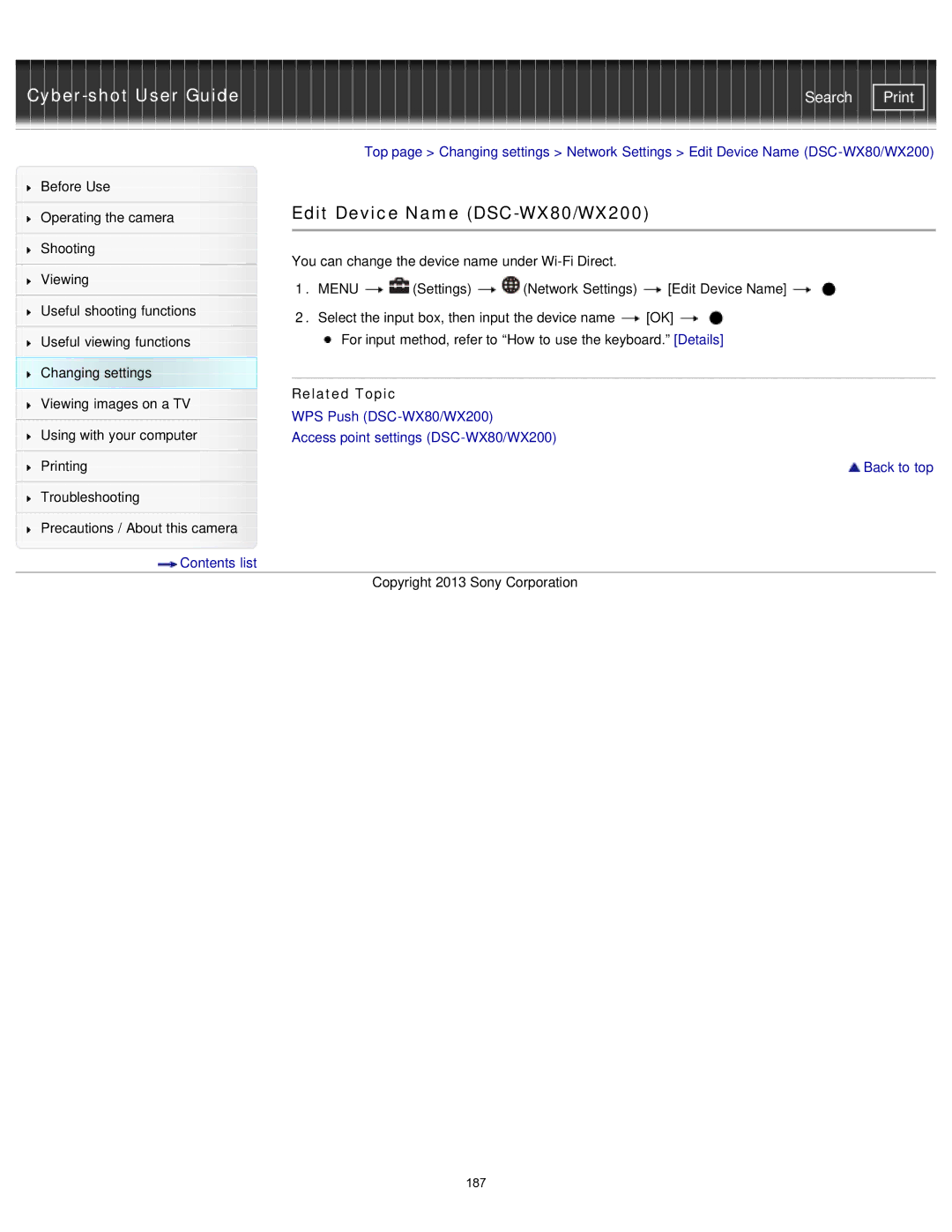 Sony DSCWX80/B, DSC-WX80/R, DSC-WX80/B, DSCWX80/R, DXC-WX80/B manual Edit Device Name DSC-WX80/WX200, WPS Push DSC-WX80/WX200 