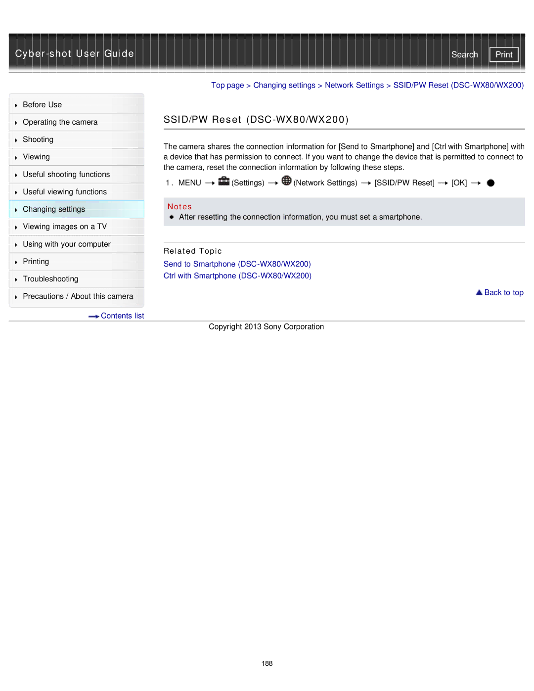 Sony DSCWX80/W manual SSID/PW Reset DSC-WX80/WX200, Send to Smartphone DSC-WX80/WX200, Ctrl with Smartphone DSC-WX80/WX200 