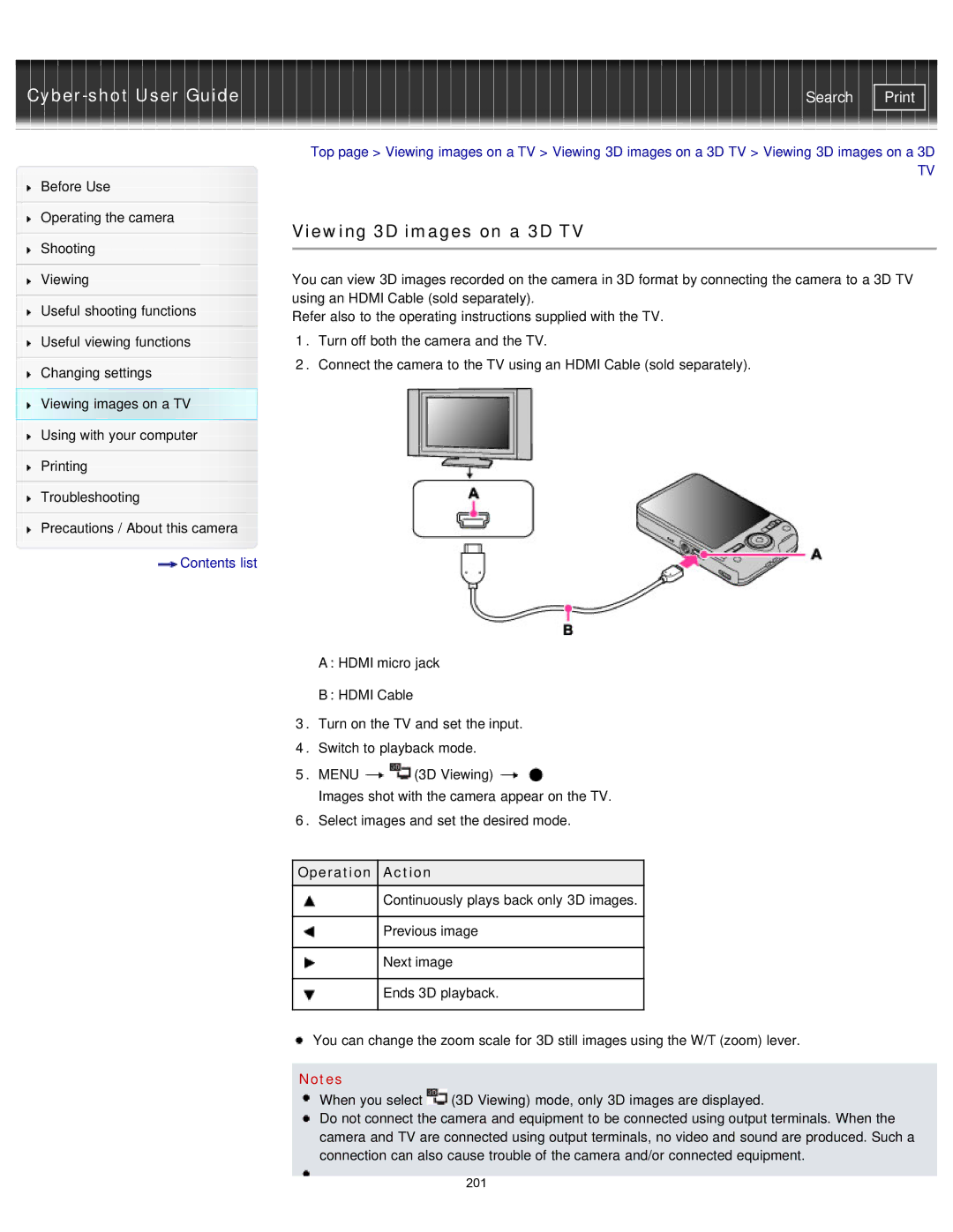 Sony DSCWX80/B, DSC-WX80/R, DSC-WX80/B, DSCWX80/R, DXC-WX80/B, DSCWX80/W manual Viewing 3D images on a 3D TV, Operation Action 