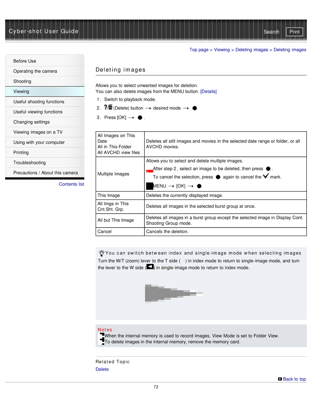 Sony DSC-WX80/R, DSC-WX80/B, DSCWX80/R manual Top page Viewing Deleting images Deleting images, Delete Back to top 