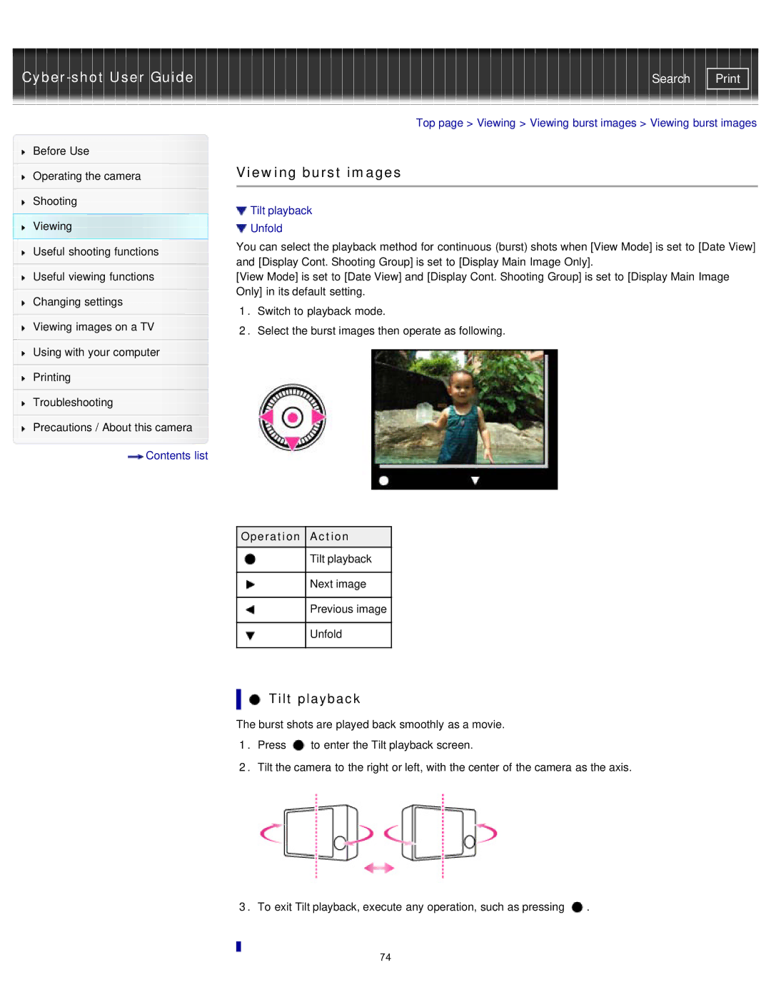 Sony DXC-WX80/B Top page Viewing Viewing burst images Viewing burst images, Tilt playback Unfold, Operation Action 