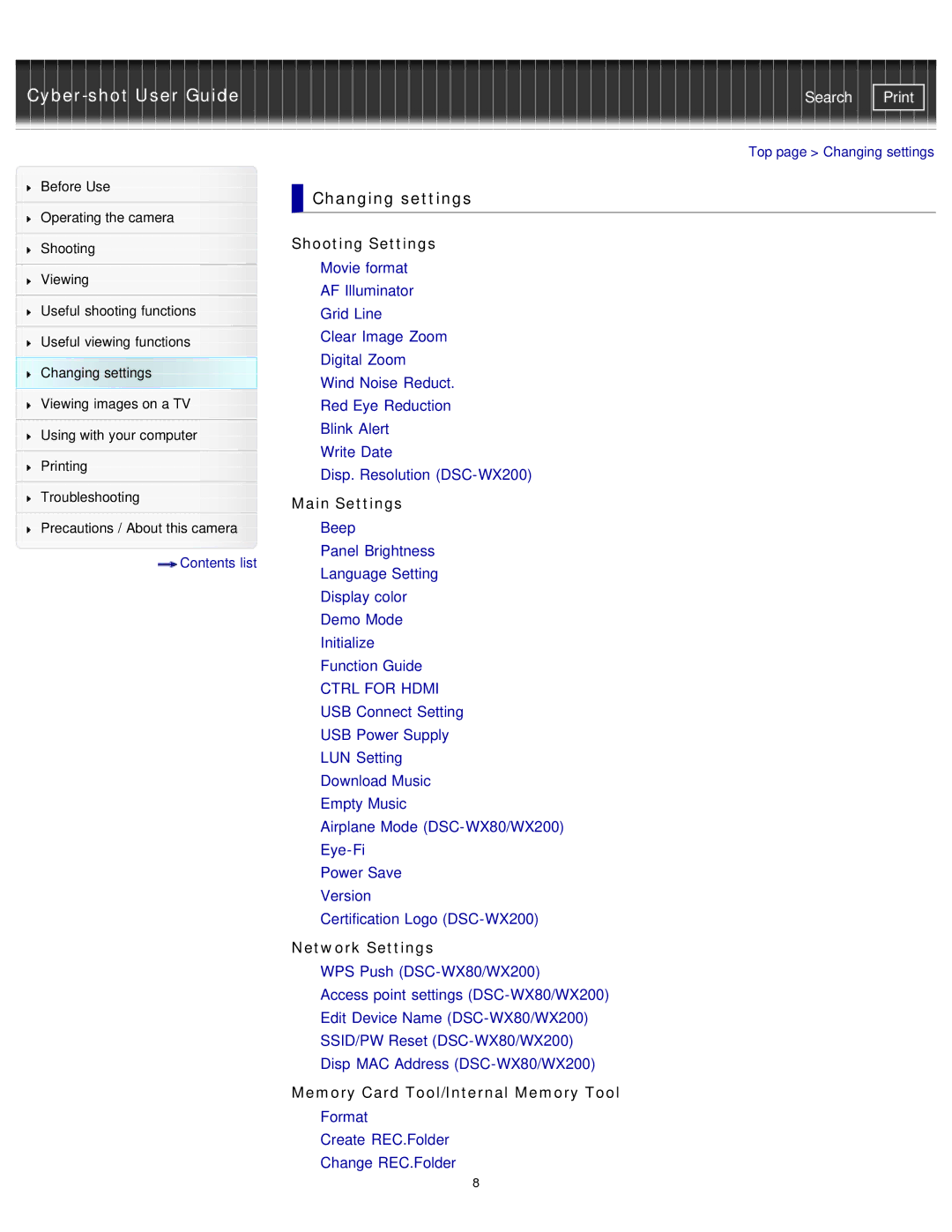 Sony DSC-WX80/B, DSC-WX80/R, DSCWX80/R, DXC-WX80/B Changing settings, Shooting Settings, Main Settings, Network Settings 