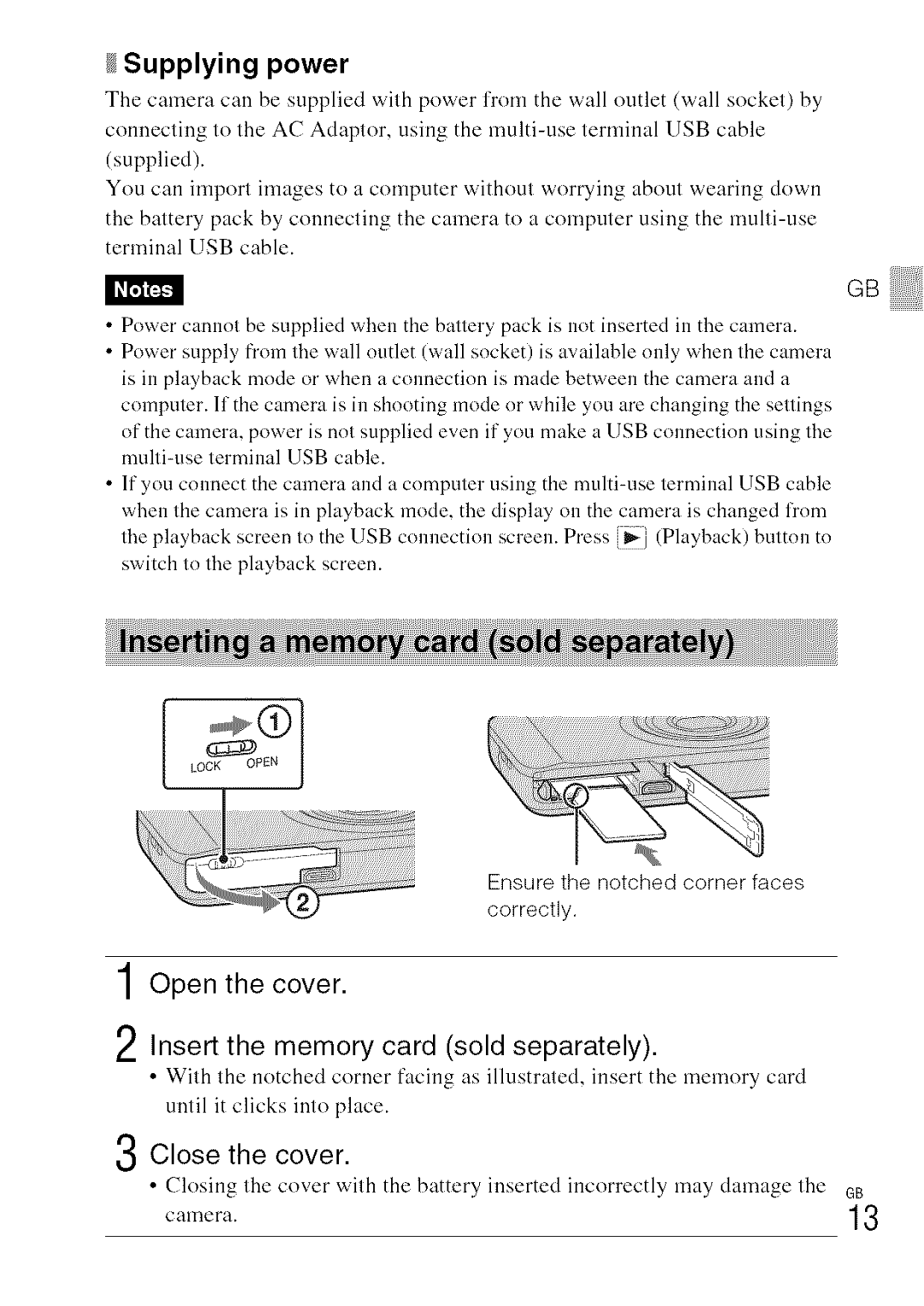 Sony DSC-WXI0 manual Supplying power, 1Open the cover Insert the memory card sold separately 