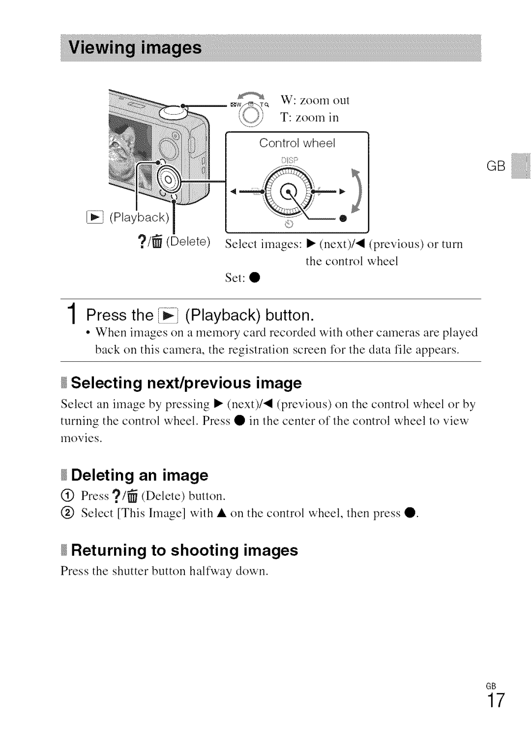 Sony DSC-WXI0 1Press the,- Playback button, Selecting next/previous image, Deleting an image, Returning to shooting images 