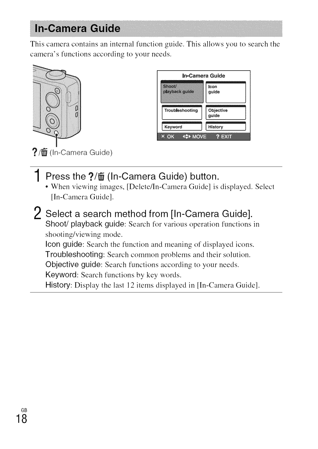 Sony DSC-WXI0 manual 1Press the ?/9 In-Camera Guide button, Select a search method from In-Camera Guide 