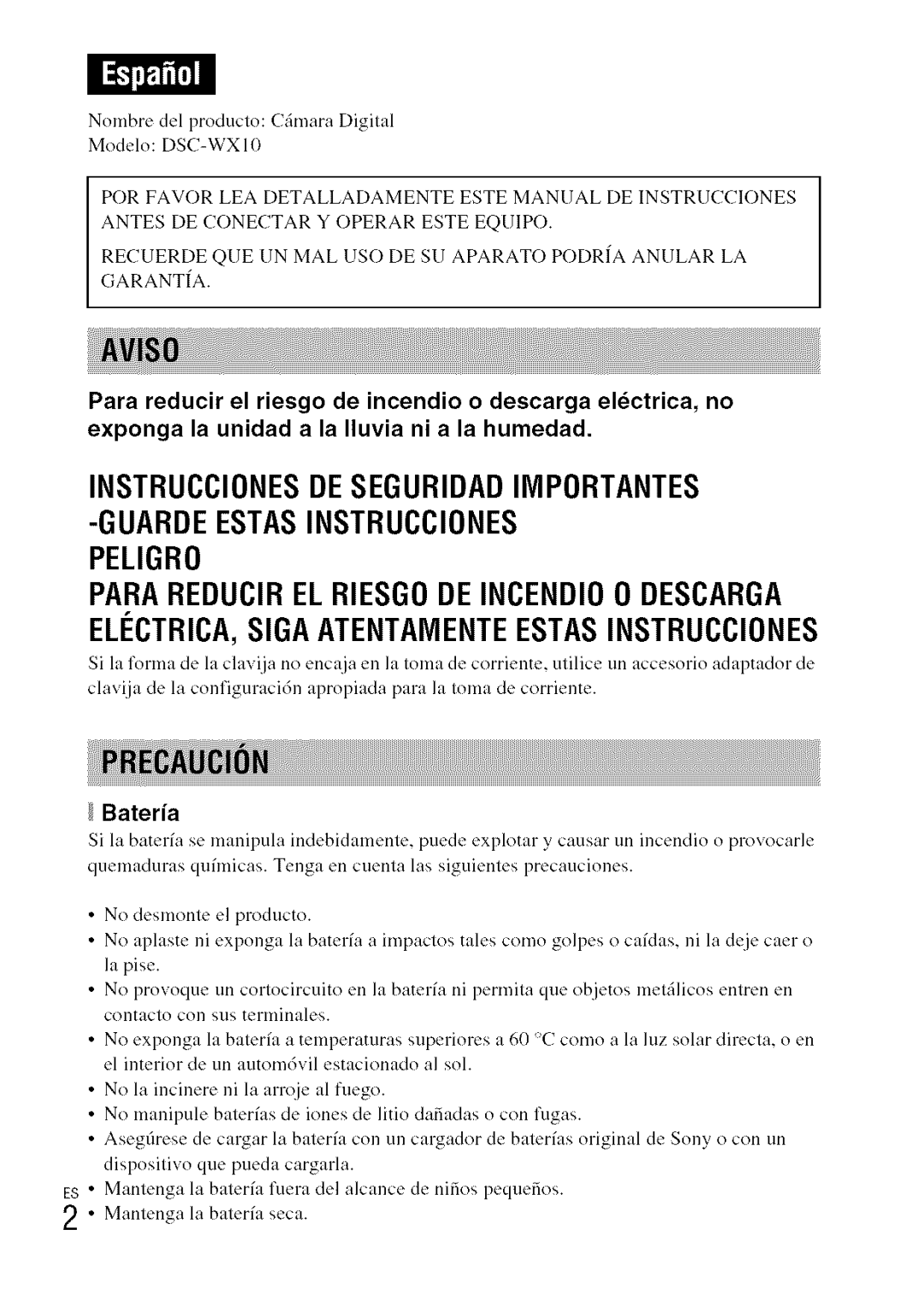 Sony DSC-WXI0 manual Guardeestasinstrucciones Peligro, Bateria 