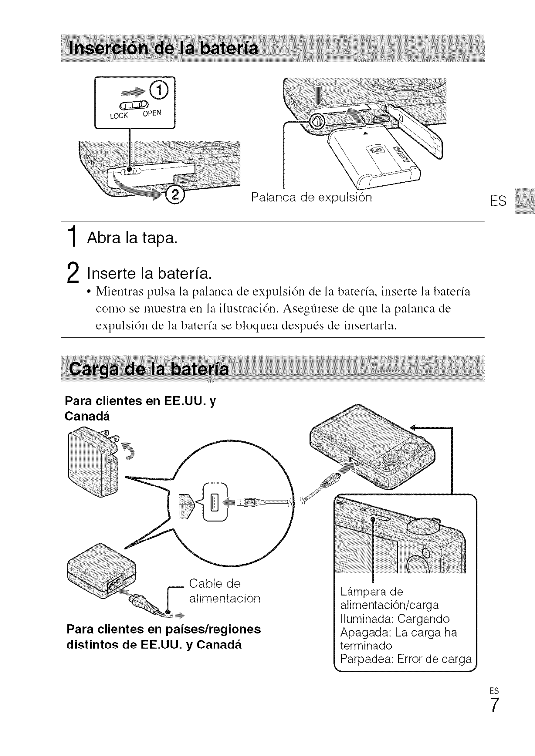 Sony DSC-WXI0 manual 1Abra la tapa Inserte la baterfa, Palanca de expulsidn, Para clientes en EE.UU. y 