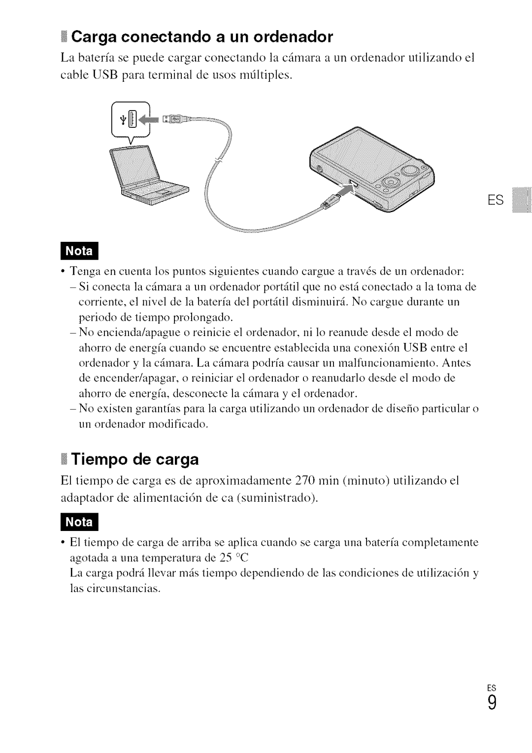 Sony DSC-WXI0 manual Carga conectando a un ordenador, Tiempo de carga 