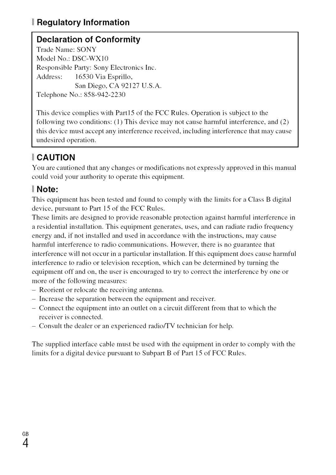 Sony DSC-WXI0 manual Regulatory Information, Declaration of Conformity 